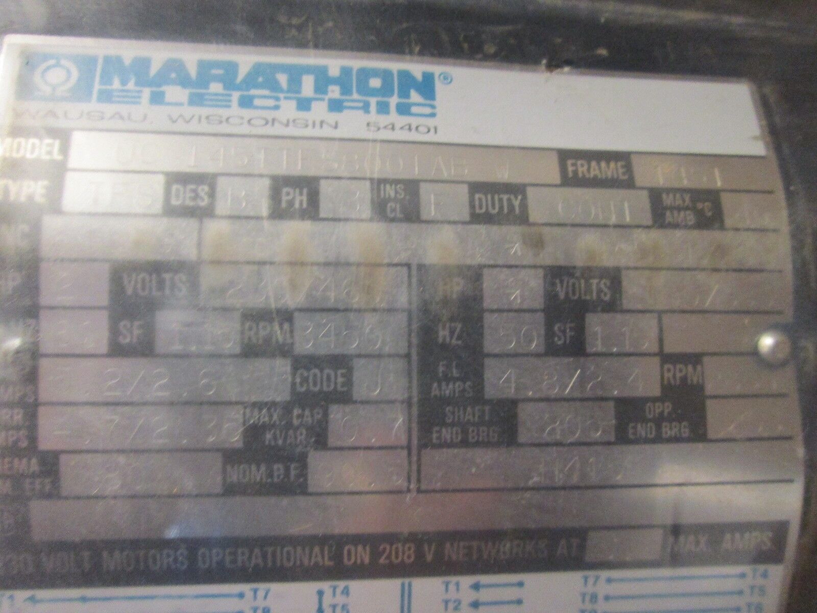 Marathon H 415 AC Motor 145TTF58001 2-1.5 HP 3600/3000 RPM 3 PH