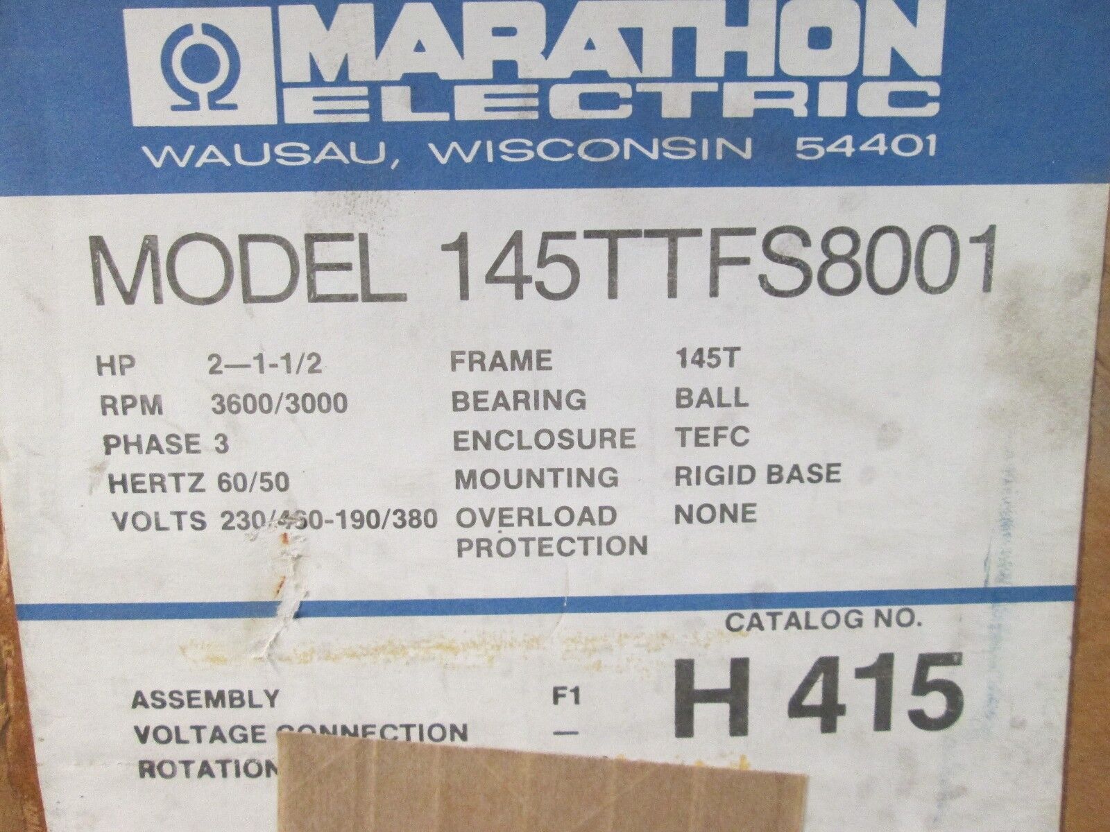 Marathon H 415 AC Motor 145TTF58001 2-1.5 HP 3600/3000 RPM 3 PH