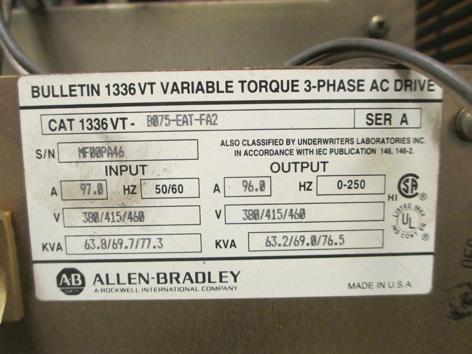 Allen-Bradley AC Drive 1336VT-B075-EAT-FA2, 75HP 380V / 460V 0-250Hz Used