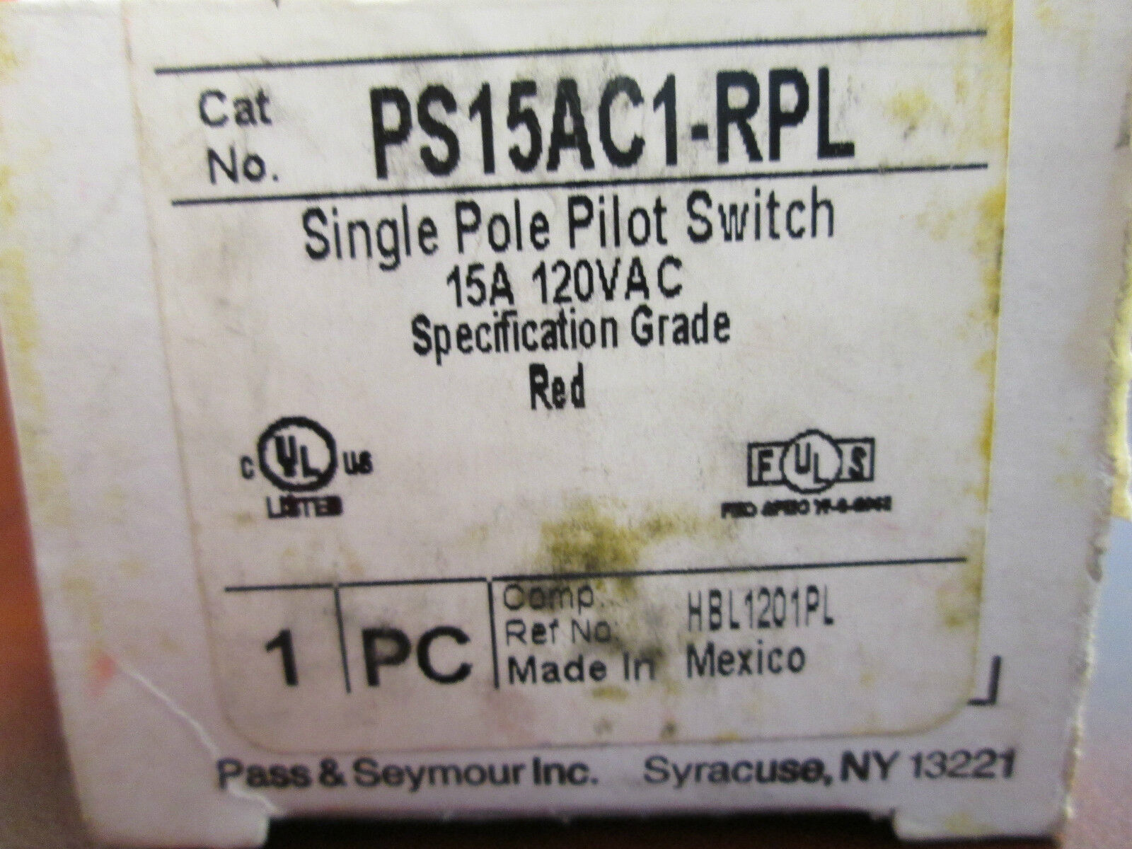 Legrand Single Pole Pilot Switch PS15AC1-RPL 15A 120V New Surplus