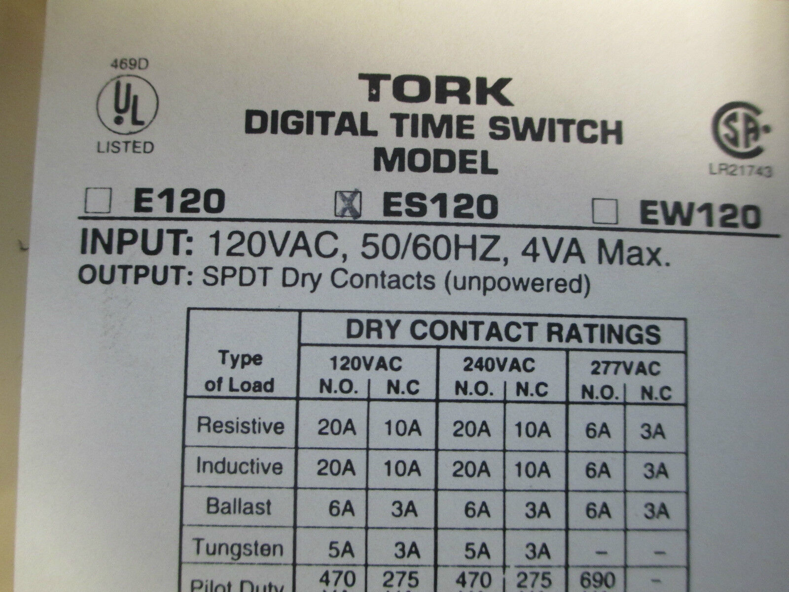 Tork Digital Time Switch ES120, 120VAC 50/60Hz 4VA
