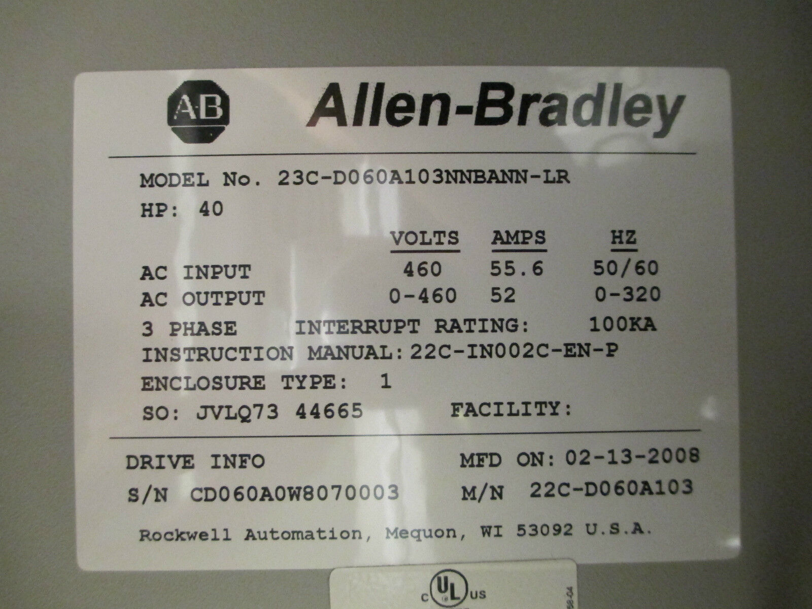 Allen-Bradley PowerFlex 400 AC Drive w/ Bypass 22C-D060A103 40HP 3Ph Used