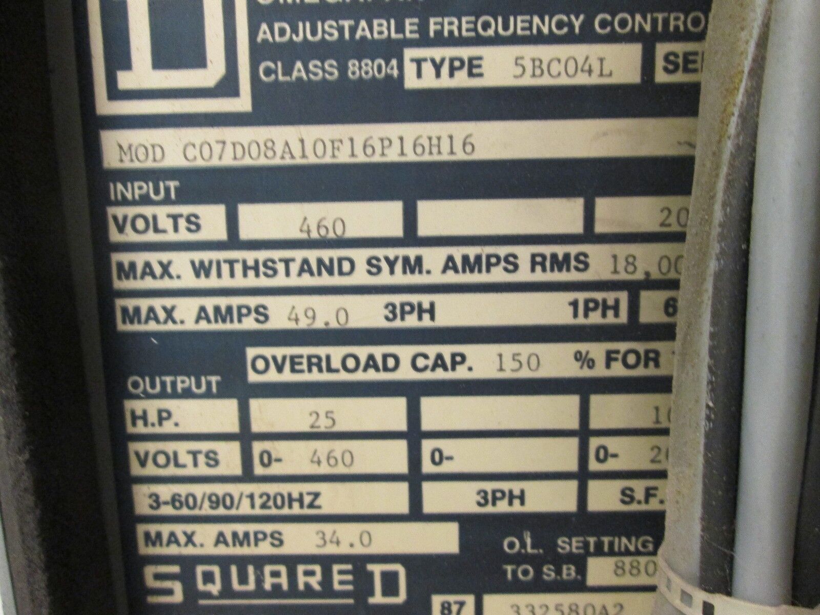 Square D  Omegapak Adjustable Frequency Controller  C07D08A10F16P16H16  25HP