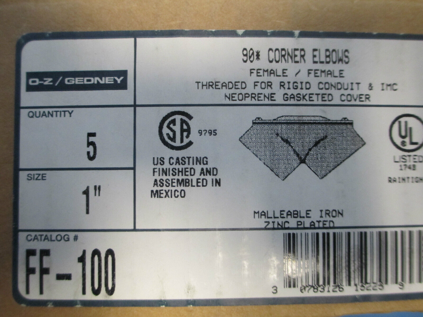 O-Z Gedney  1" Steel Corner Elbows FF-100, Box of 5! New in Box!!!