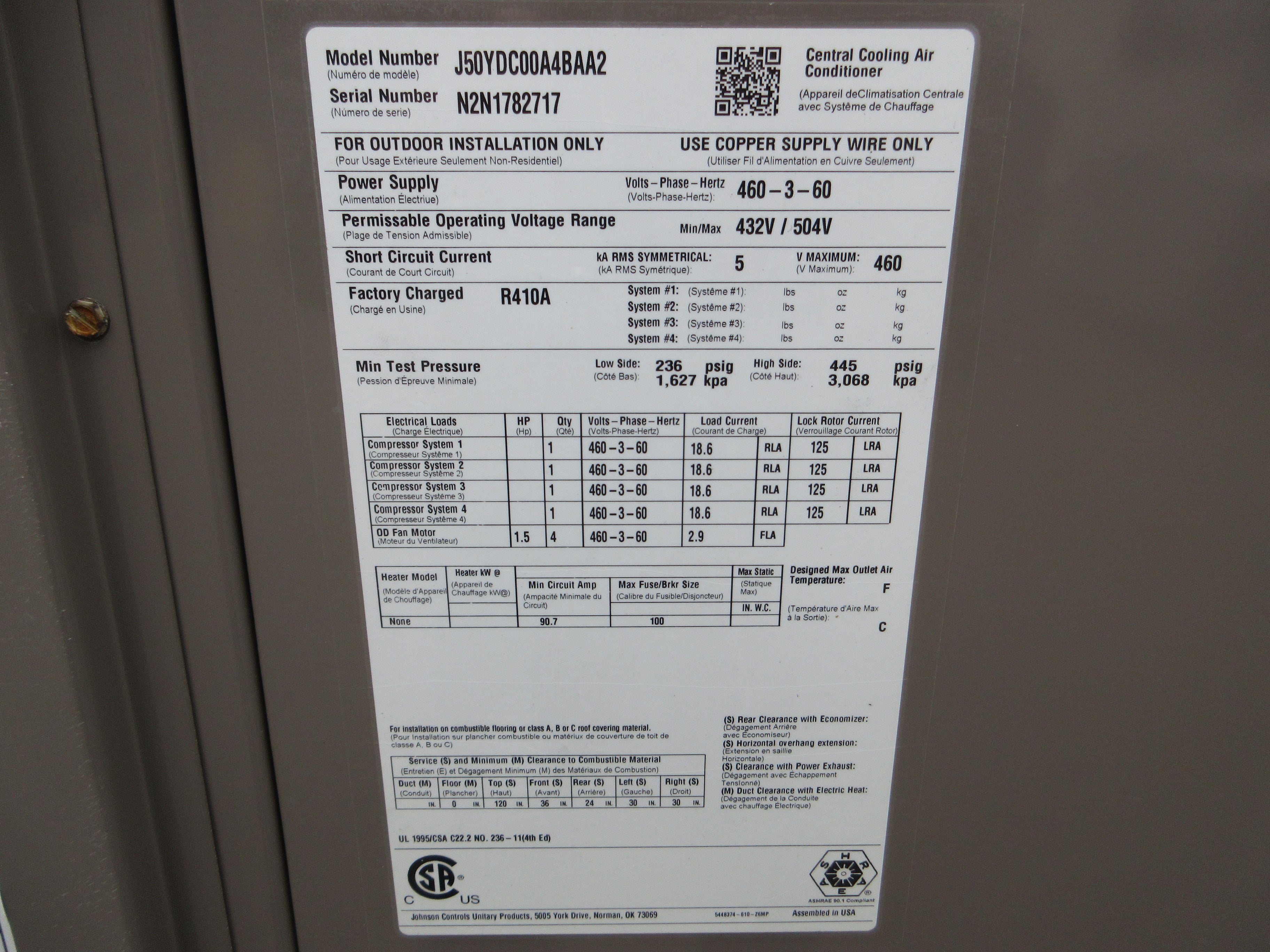 Johnson Controls Split System Condensing Unit J50YDC00A4BAA2 50 ton 460V Used
