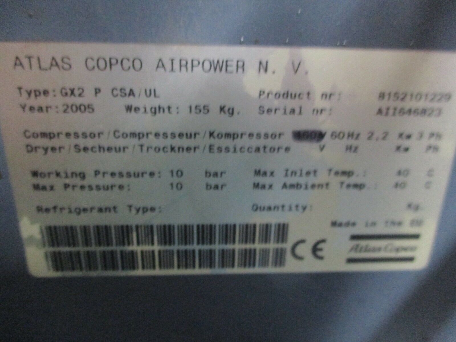Atlas Copco GX2 P Rotary Screw Air Compressor 8152101229 3HP 460V 60Hz 3Ph Used