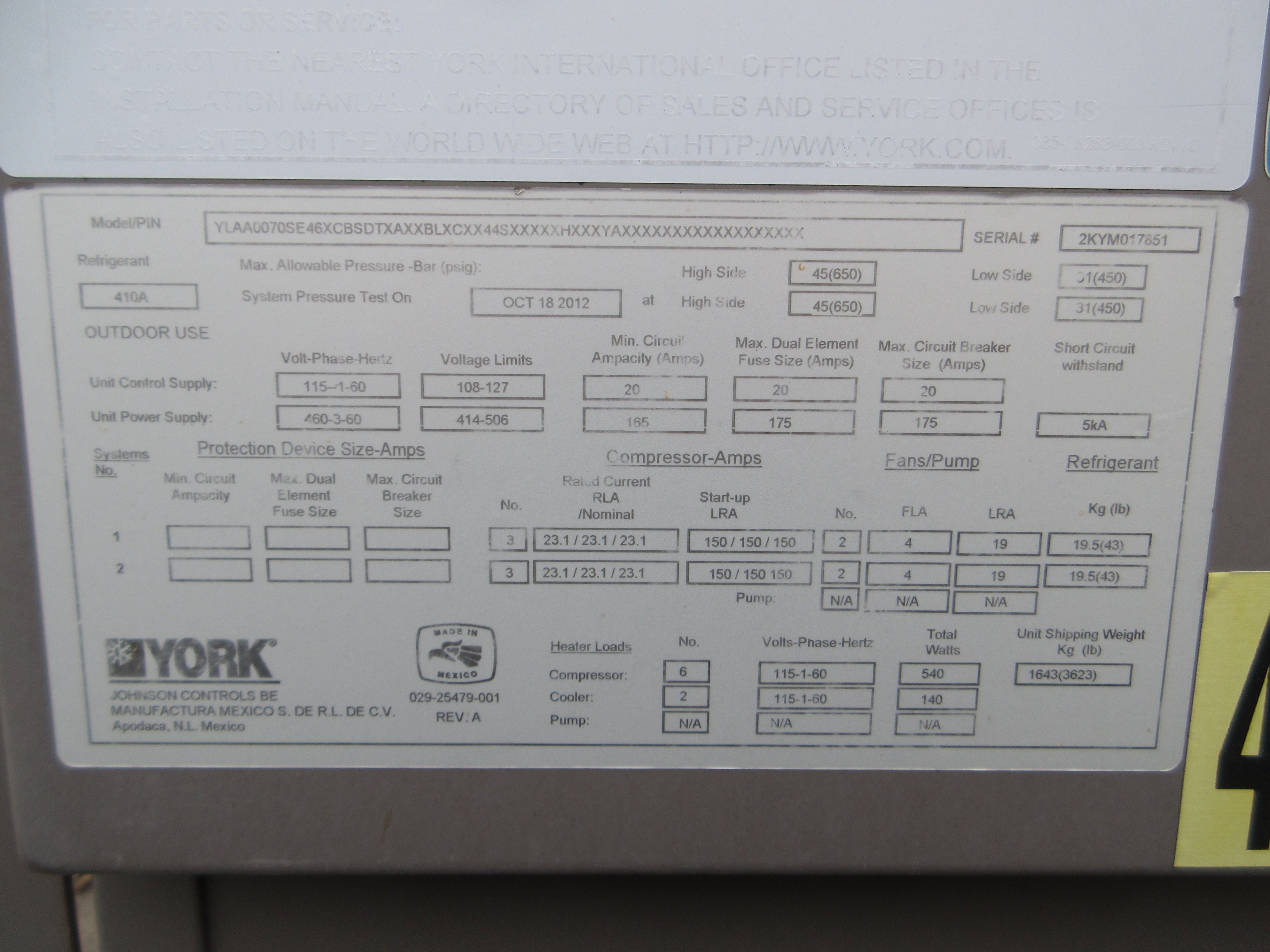 York YLAA Scroll Air Cooled Chiller YLAA0070SE46XCB 70 ton 460V 3Ph R410A Used
