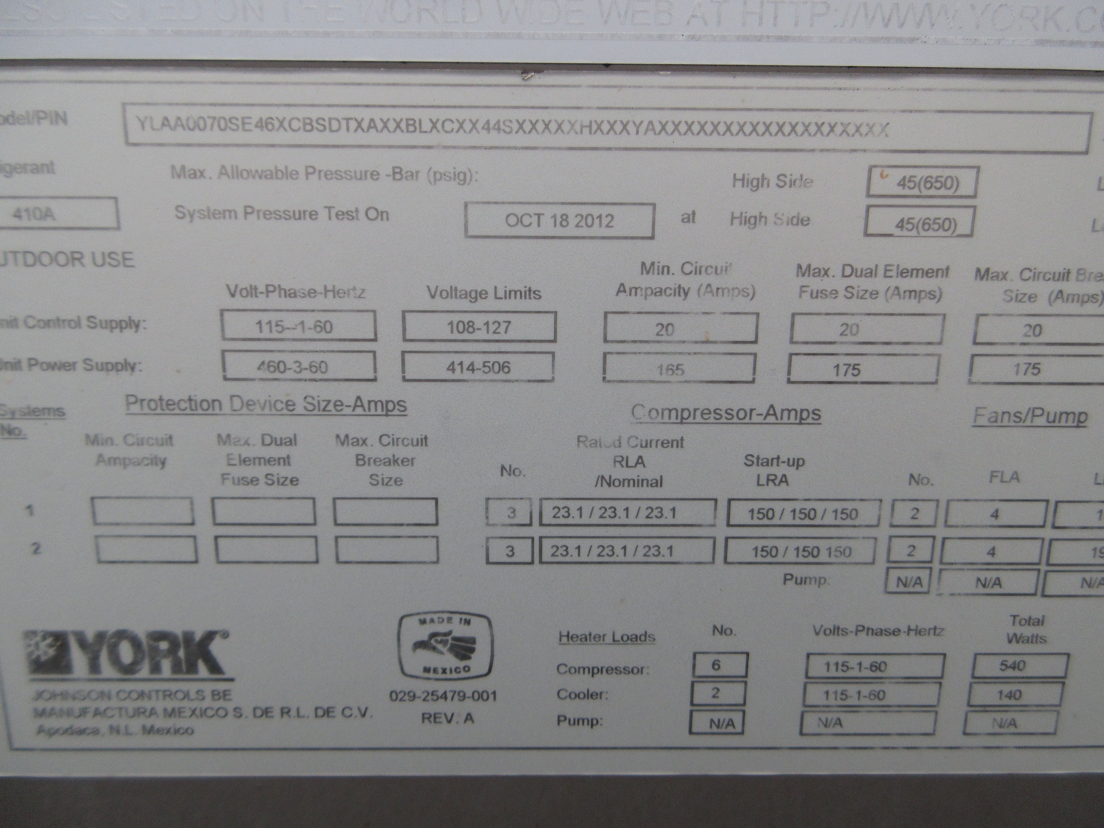 York YLAA Scroll Air Cooled Chiller YLAA0070SE46XCB 70 ton 460V 3Ph R410A Used