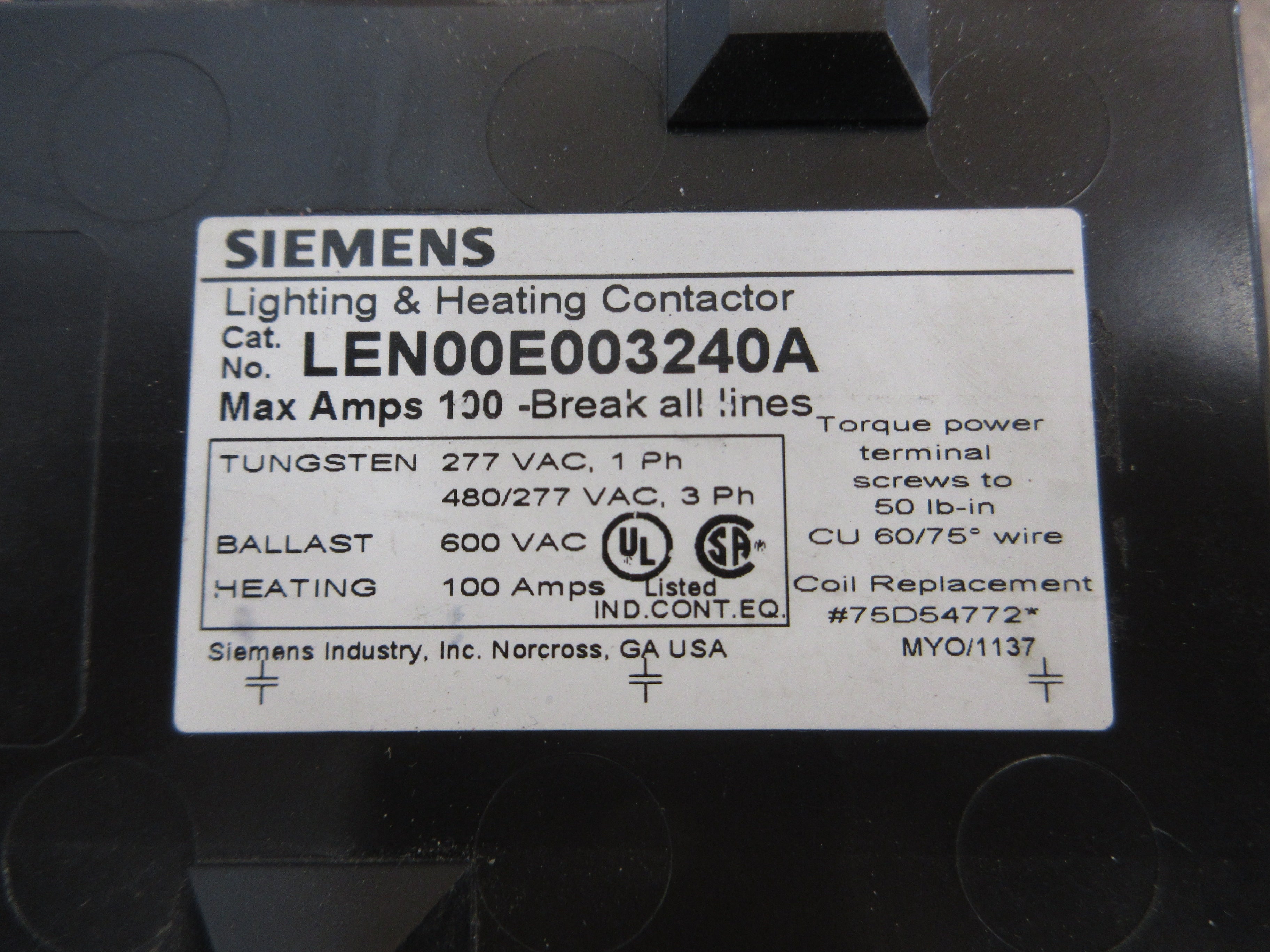 Siemens Lighting & Heating Contactor LEN00E003240A 208/240V Coil 100A 600V Used