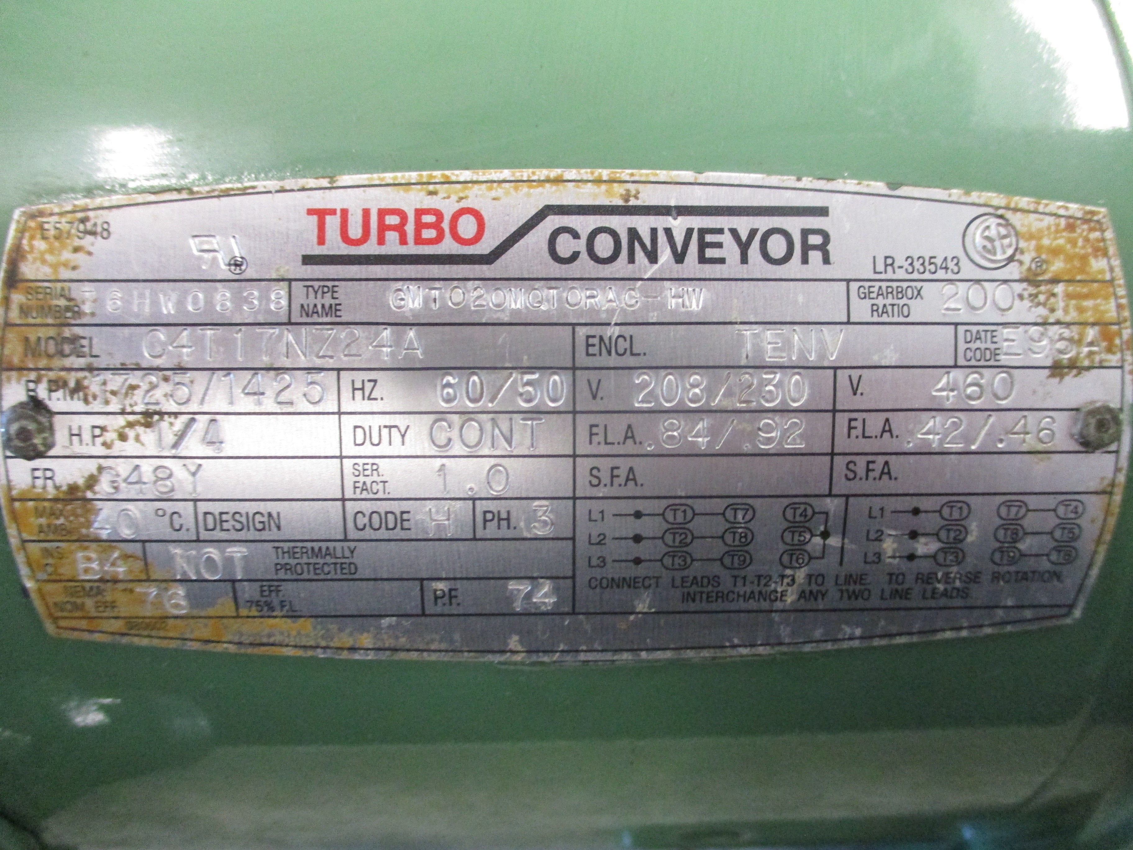 Turbo Conveyor Gearmotor C4T17NZ24A 1/4HP 208/230V 460V 1800RPM 3Ph 50/60Hz