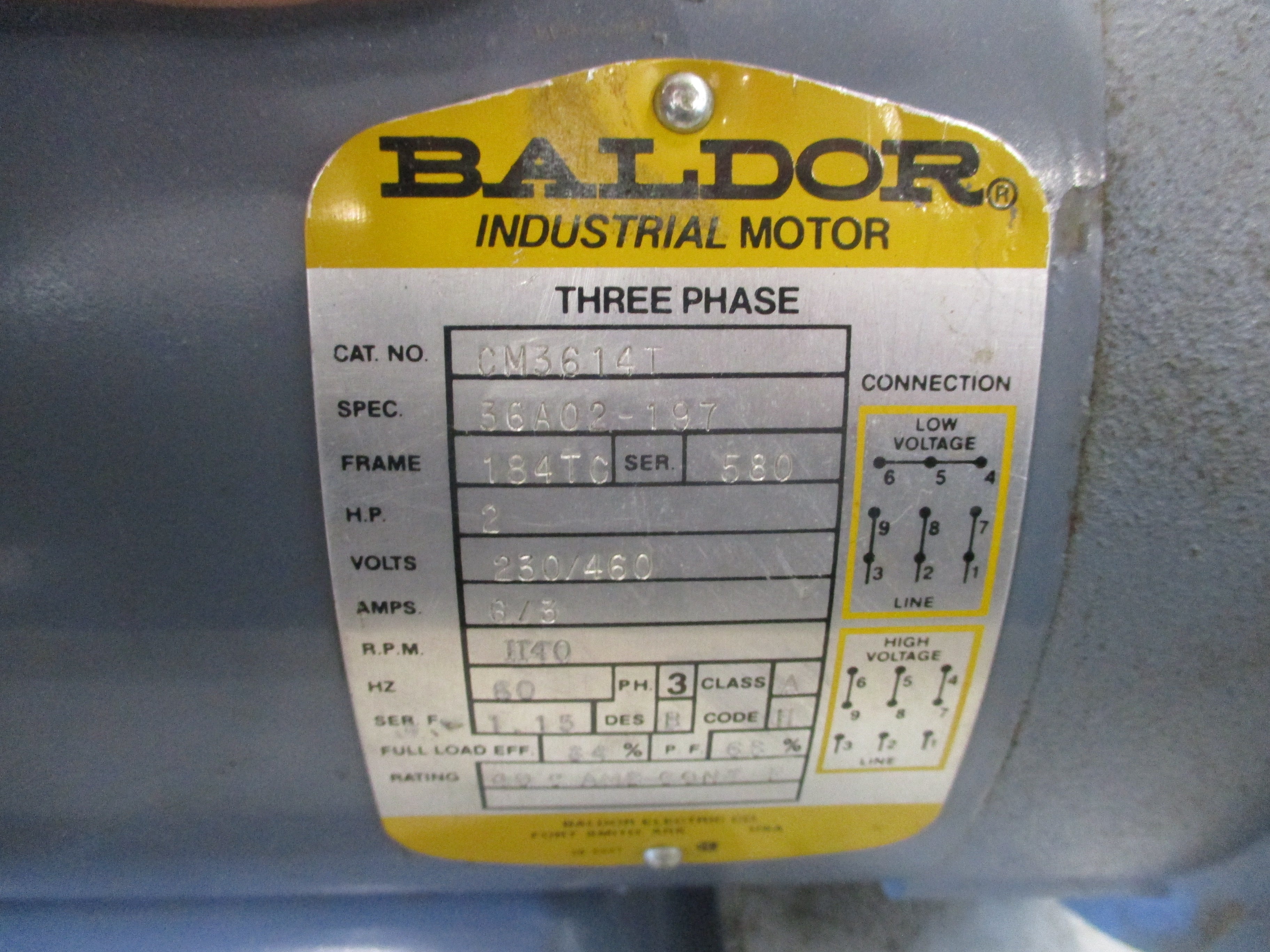 Baldor Motor CM3614T 2HP 230/460V 6/3A 1800RPM 60Hz 3ph Frame: 184TC Used