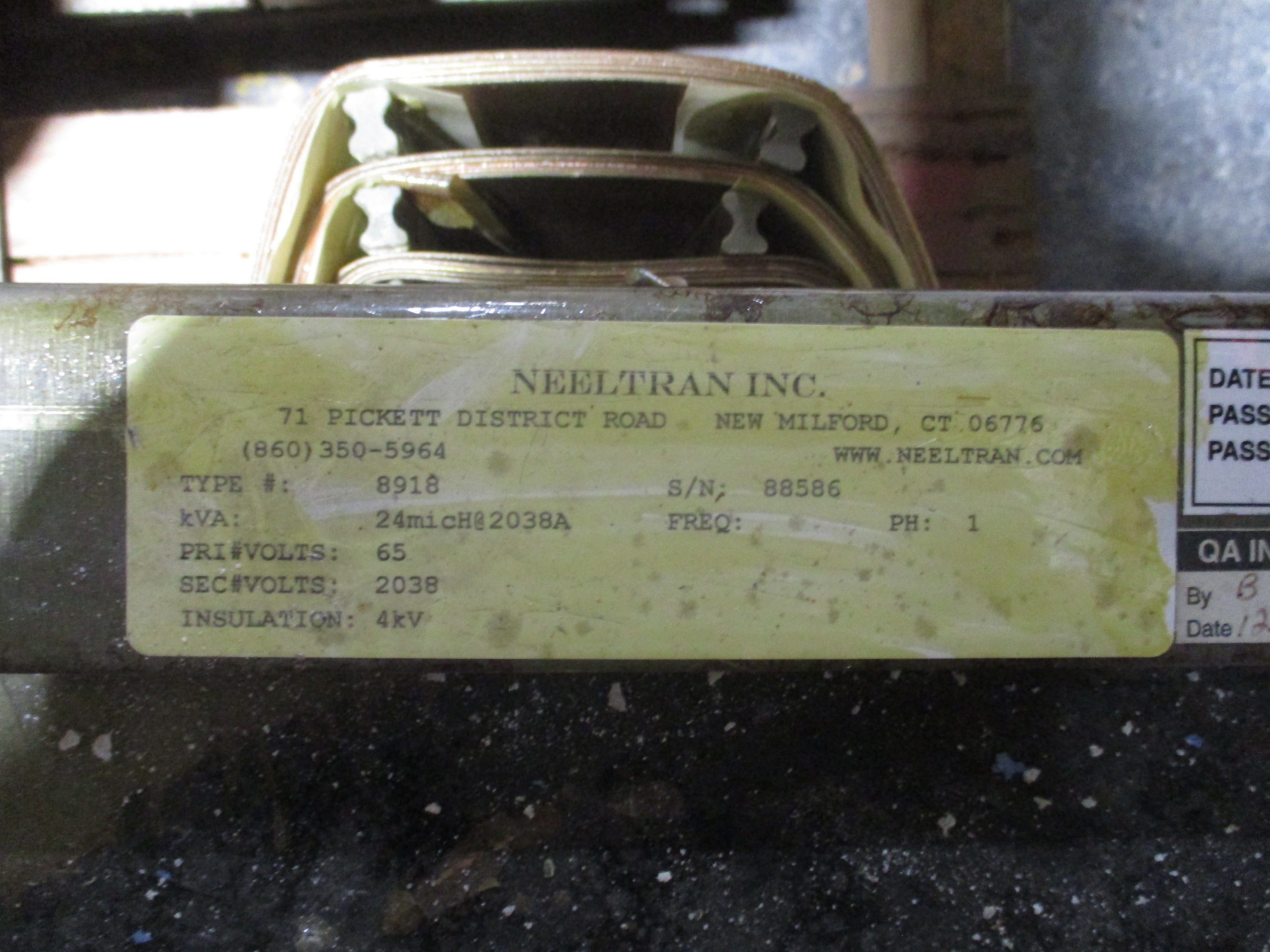 Neeltran Transformer 8918 24KVA Pri: 65V Sec: 2038V 1Ph Used