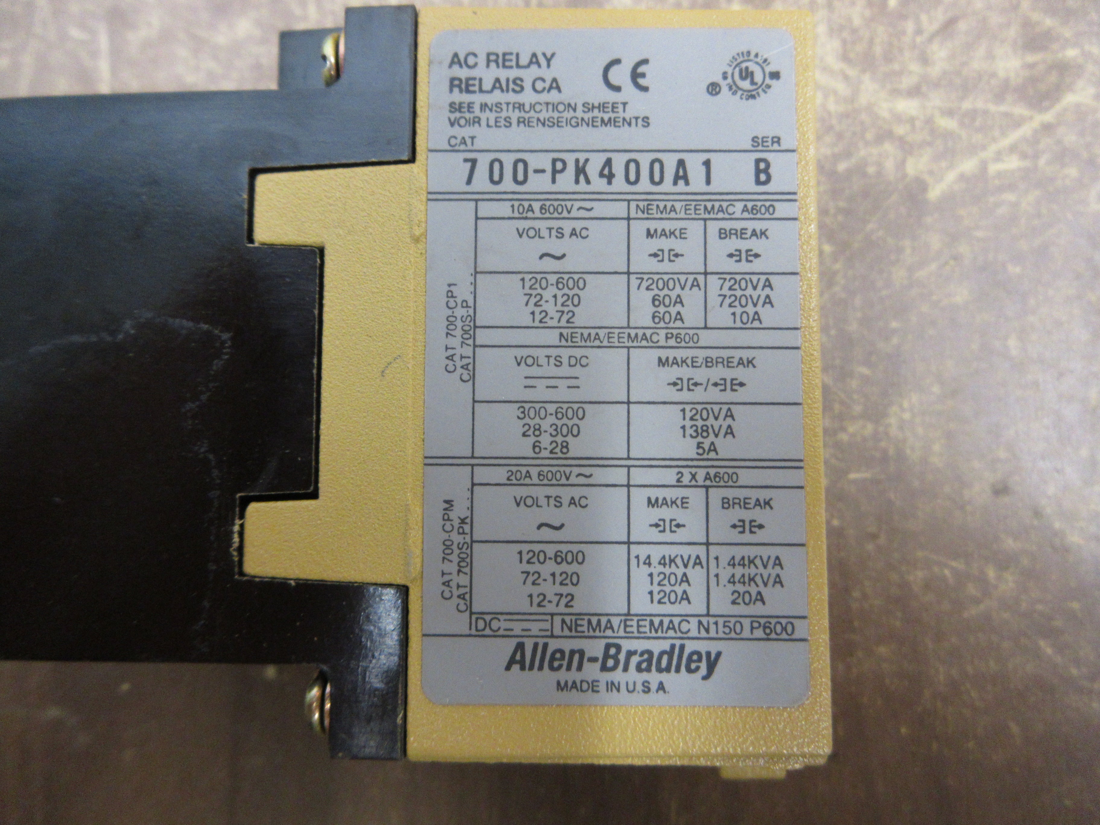 Allen-Bradley Type PK AC Relay 700-PK400A1 Ser. B 115-120V Coil Used
