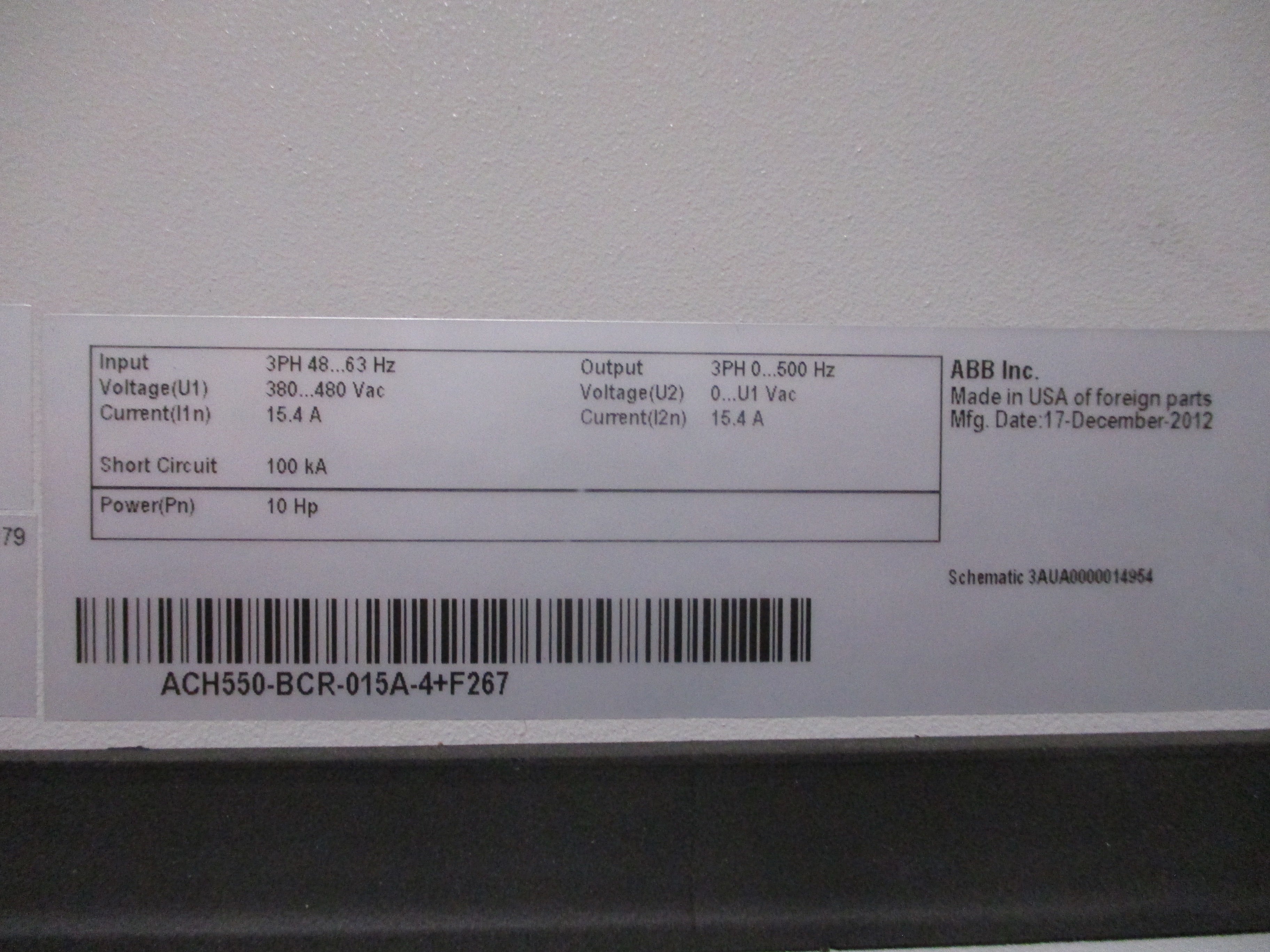 ABB ACH550 AC Drive W/Bypass ACH550-BCR-015A+F267 10HP 3Ph Input: 3Ph 48-63Hz