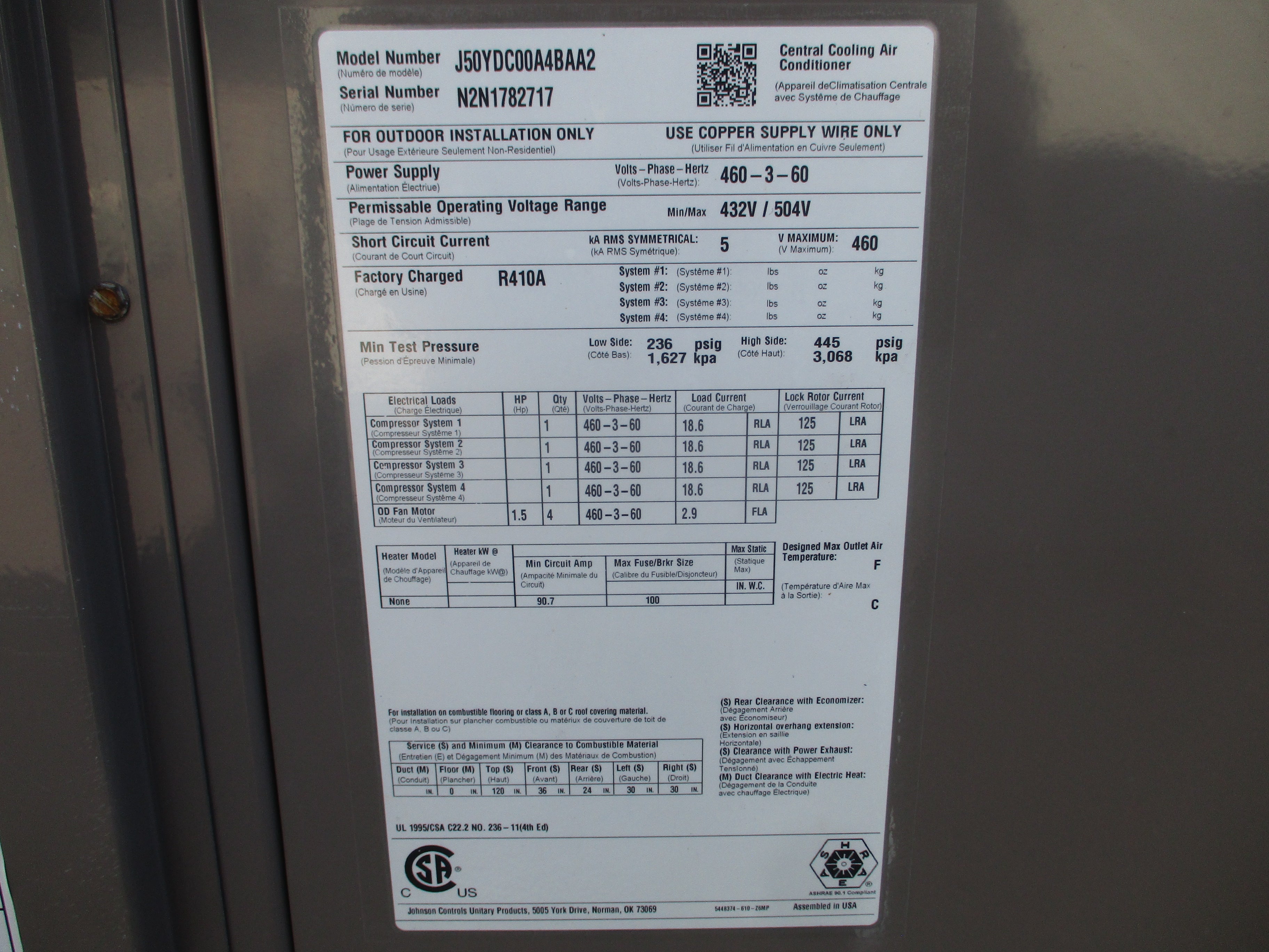 Johnson Controls Split System Condenser J50YDC00A4BAA2 50 Ton 460V R-410 A