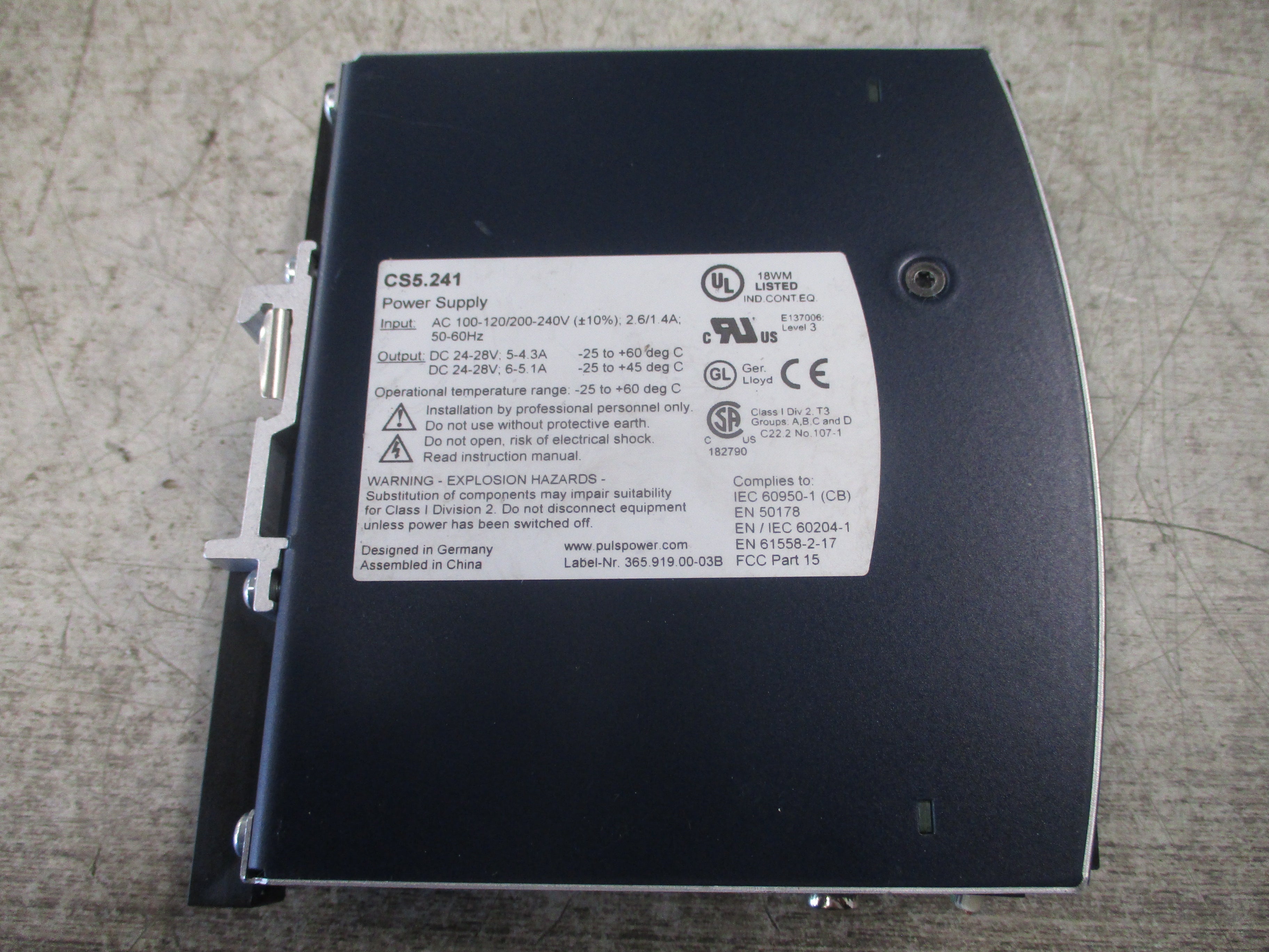 Puls Dimension Power Supply CS5.241 Input: AC 100-120/200-240V 2.6/1.4A 50-60Hz