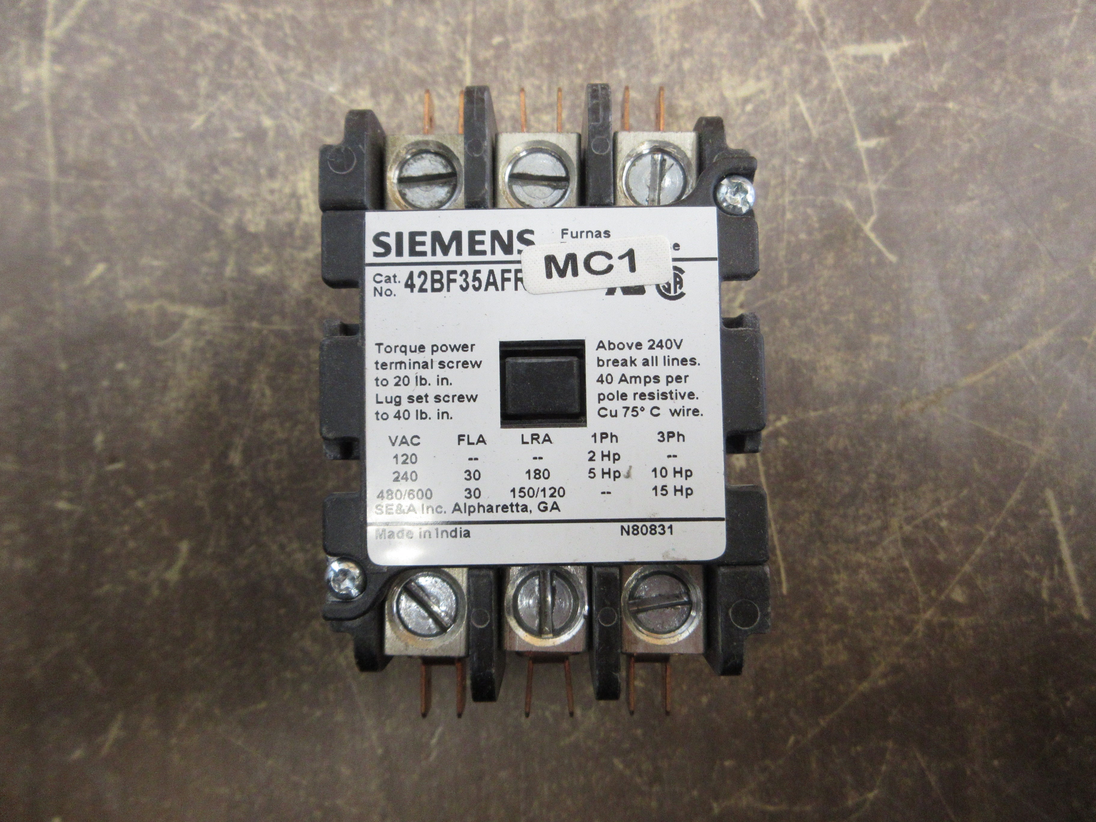 Siemens Contactor 42BF35AFR 120V Coil 30A 600V Used