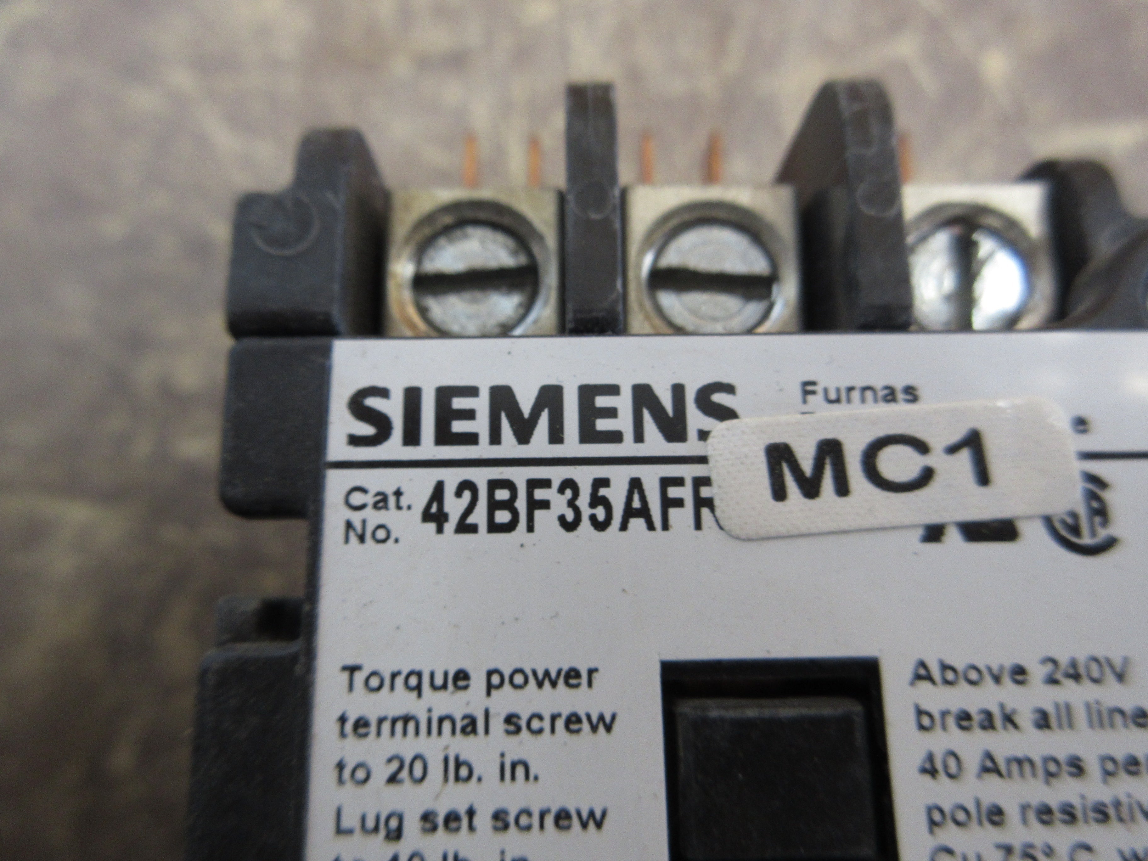 Siemens Contactor 42BF35AFR 120V Coil 30A 600V Used