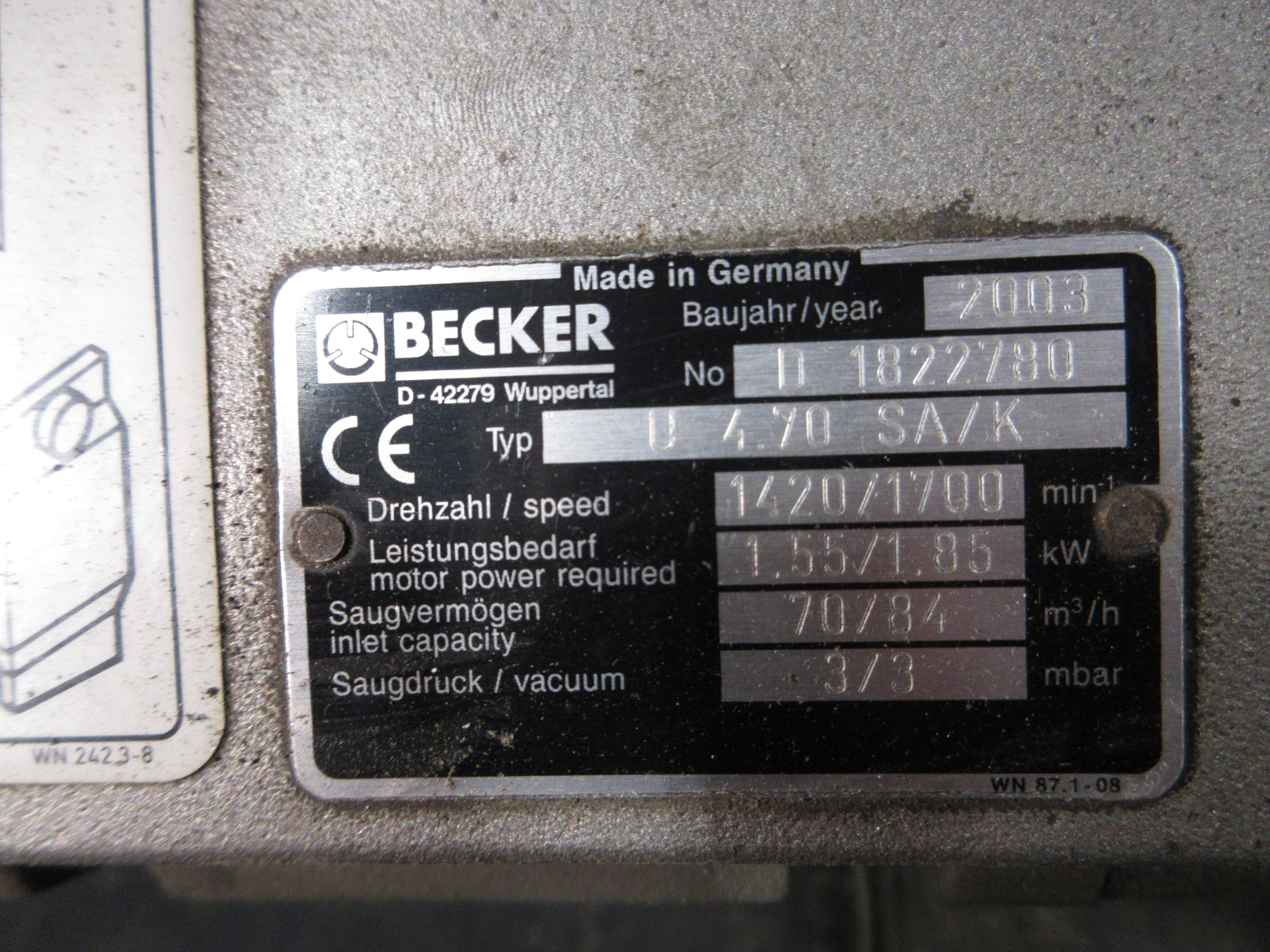 Becker Rotary Vane Vacuum Pump U 4.70 SA/K 1.85kW 1700RPM 84 no 3/h 3mbar Used
