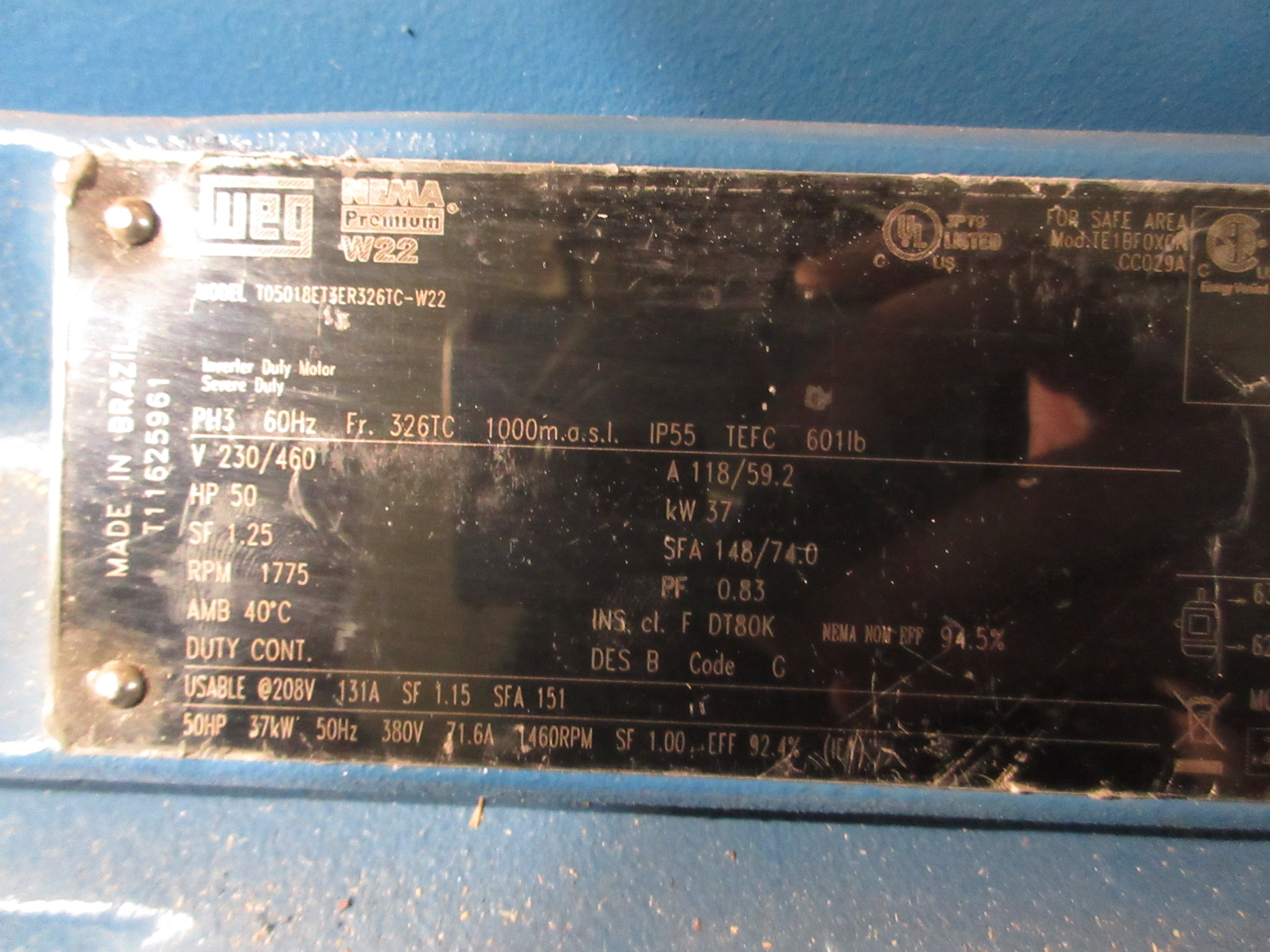 WEG Inverter Motor T05018ET3ER326TC-W22 50HP 1800RPM 230/460V 118/59.2A 3Ph 60Hz