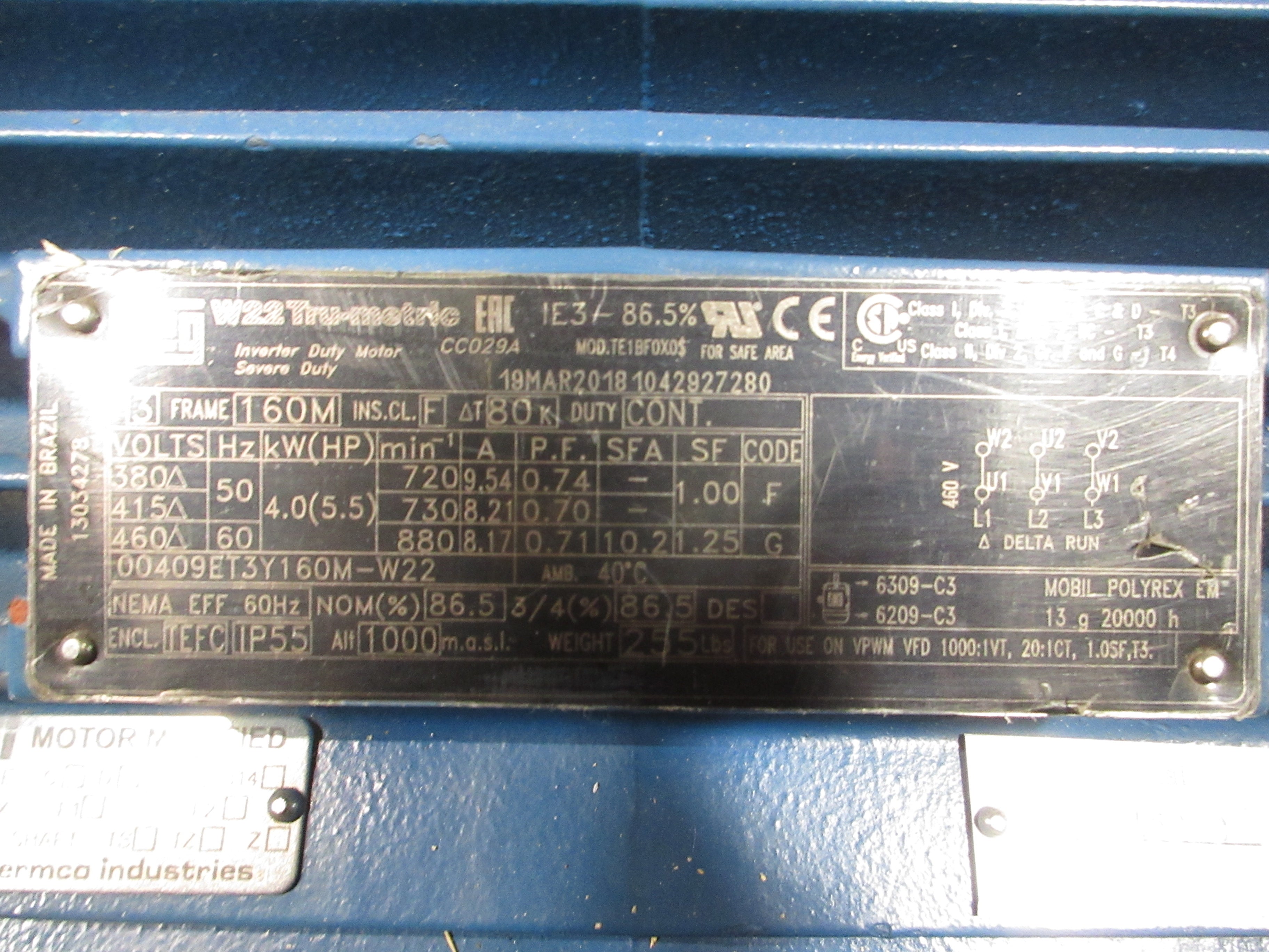 WEG Inverter Motor 00409ET3Y160M-W22 5.5HP 900RPM 460V 8.17A 60Hz New Surplus
