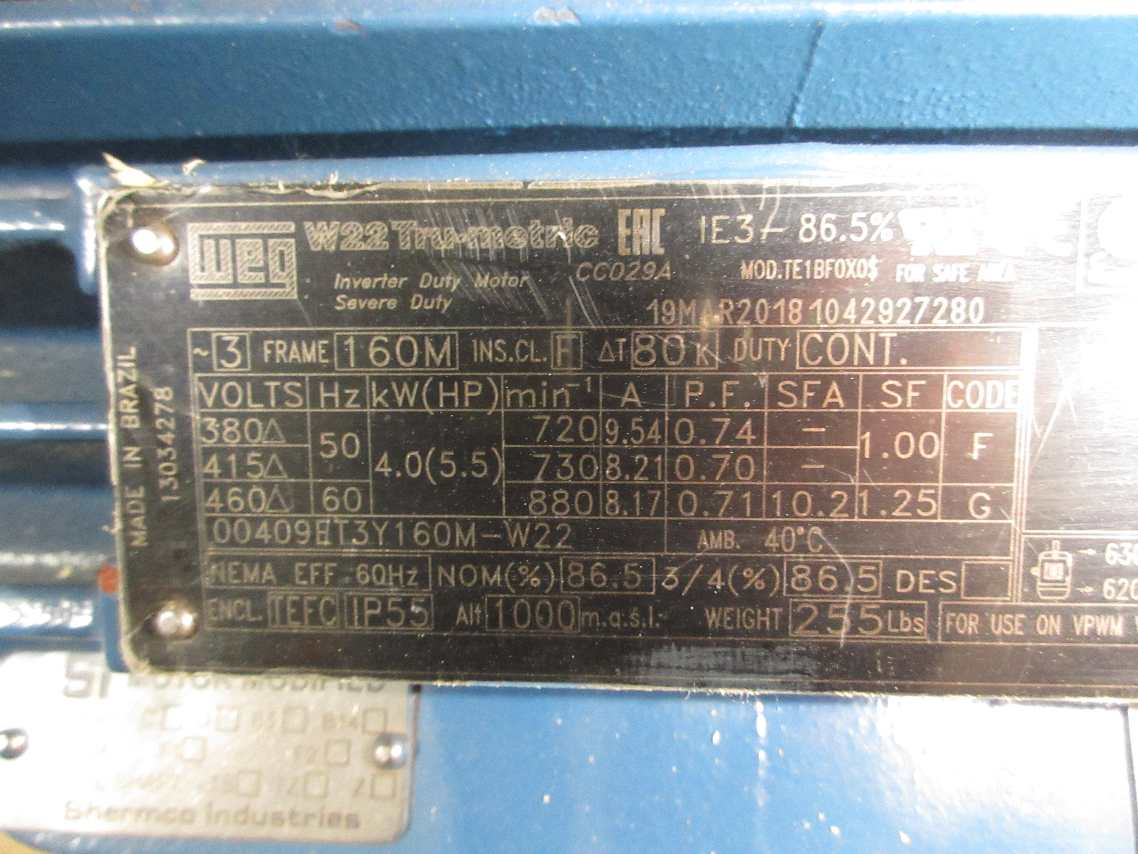 WEG Inverter Motor 00409ET3Y160M-W22 5.5HP 900RPM 460V 8.17A 60Hz New Surplus