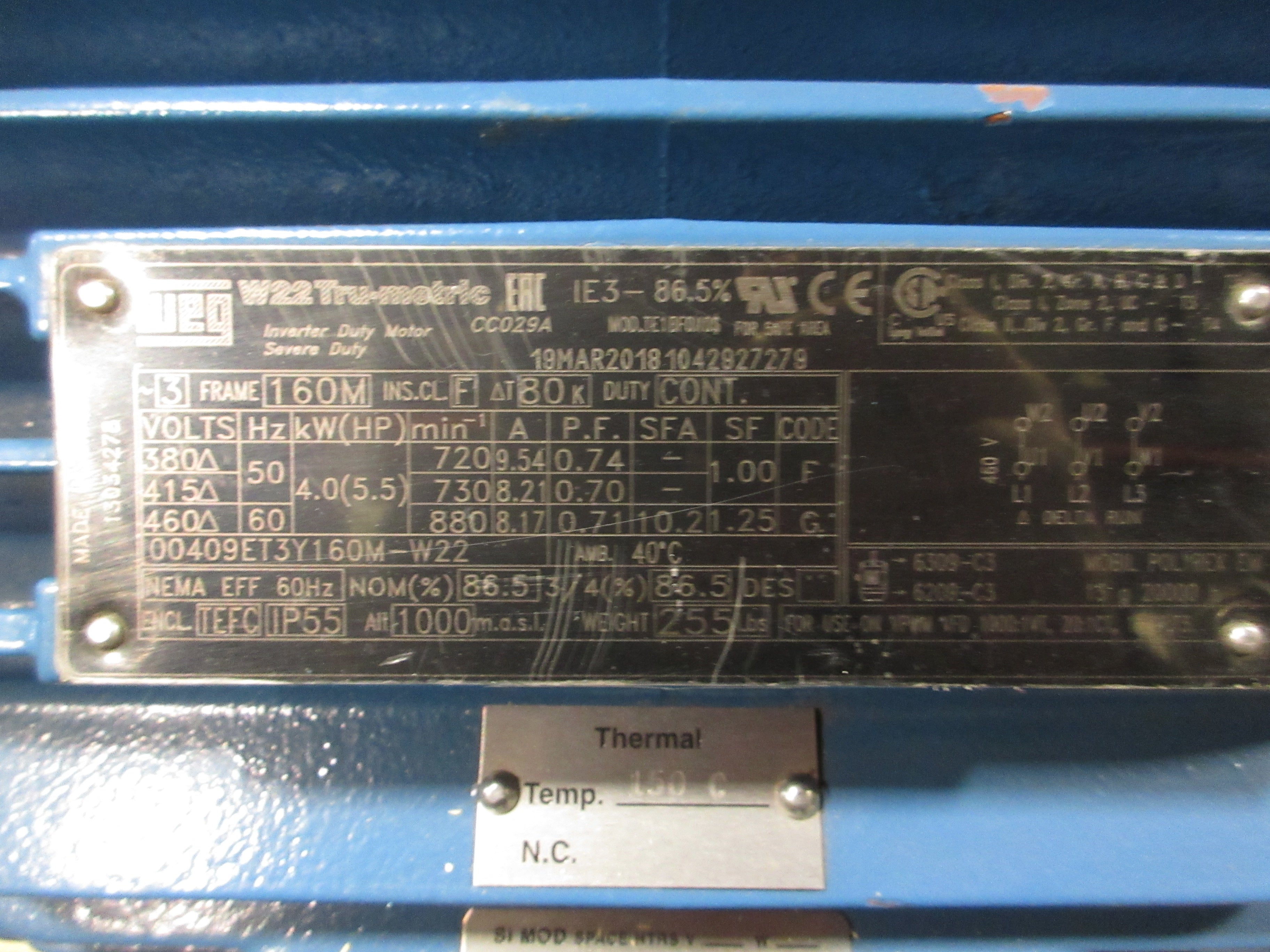 WEG Inverter Motor 00409ET3Y160M-W22 5.5HP 900RPM 460V 8.17A 60Hz New Surplus