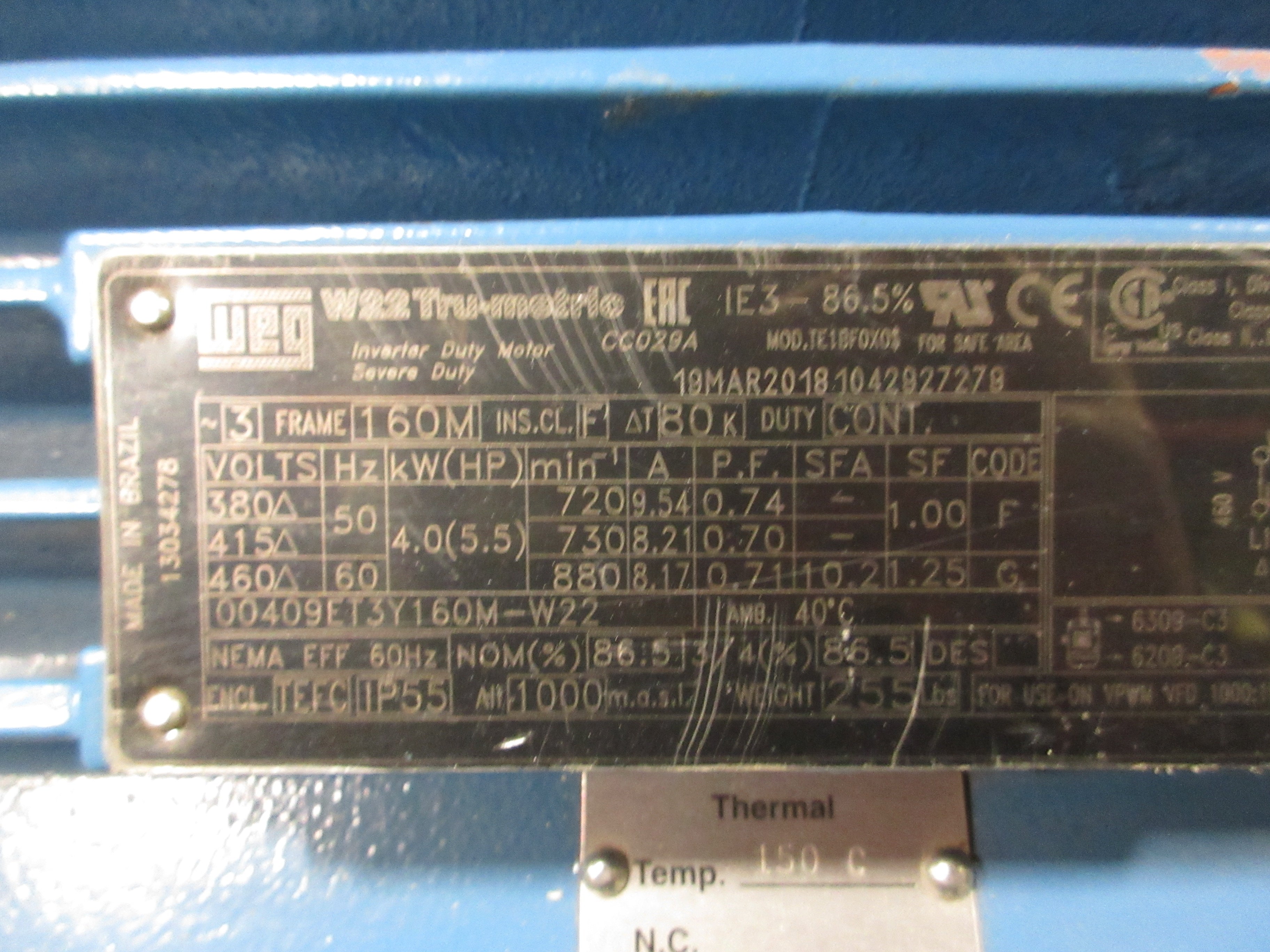 WEG Inverter Motor 00409ET3Y160M-W22 5.5HP 900RPM 460V 8.17A 60Hz New Surplus