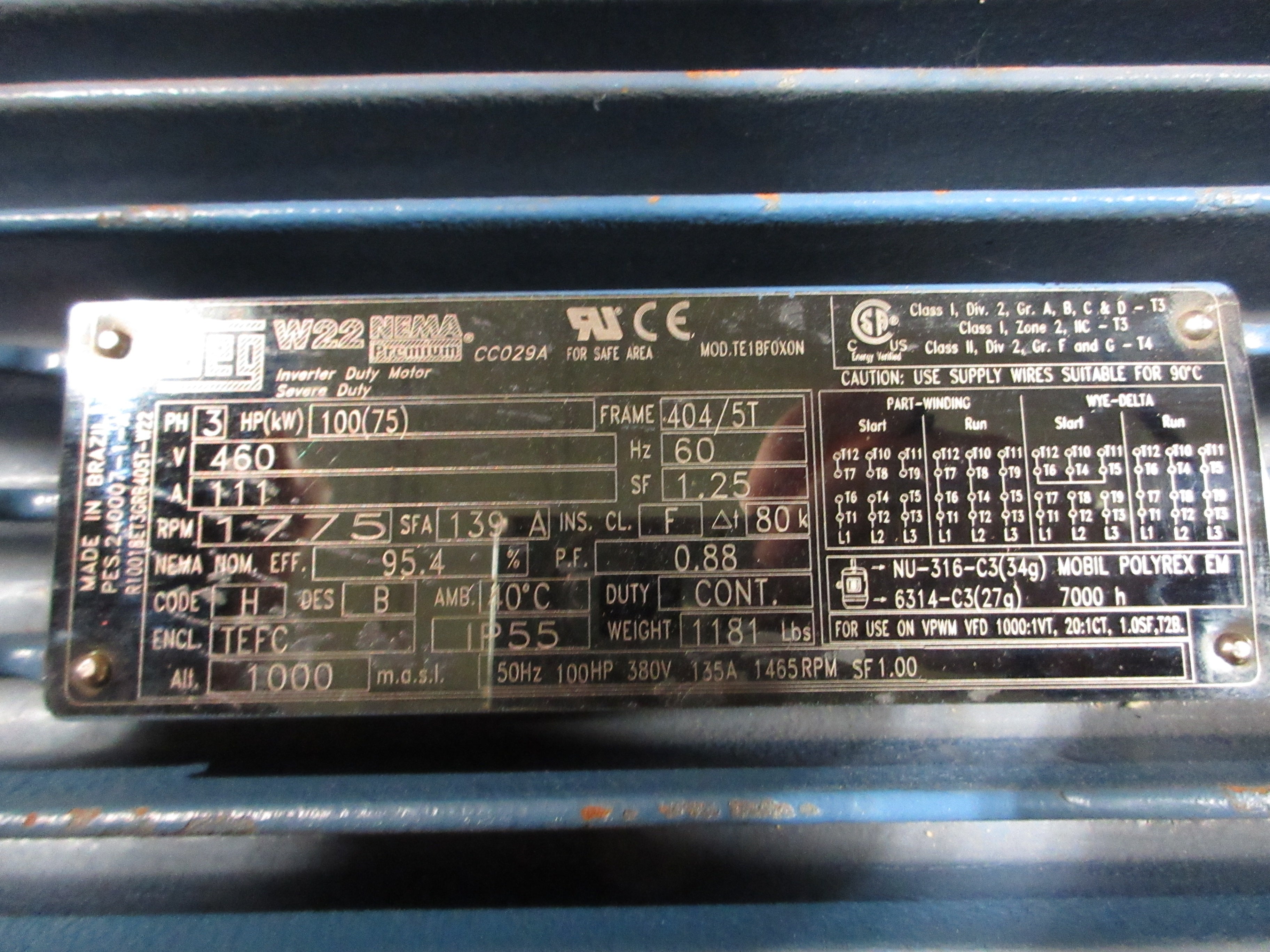 WEG Motor R10018ET3GRB405T-W22 100HP 1800RPM 460V 111A 3Ph 60Hz New Surplus