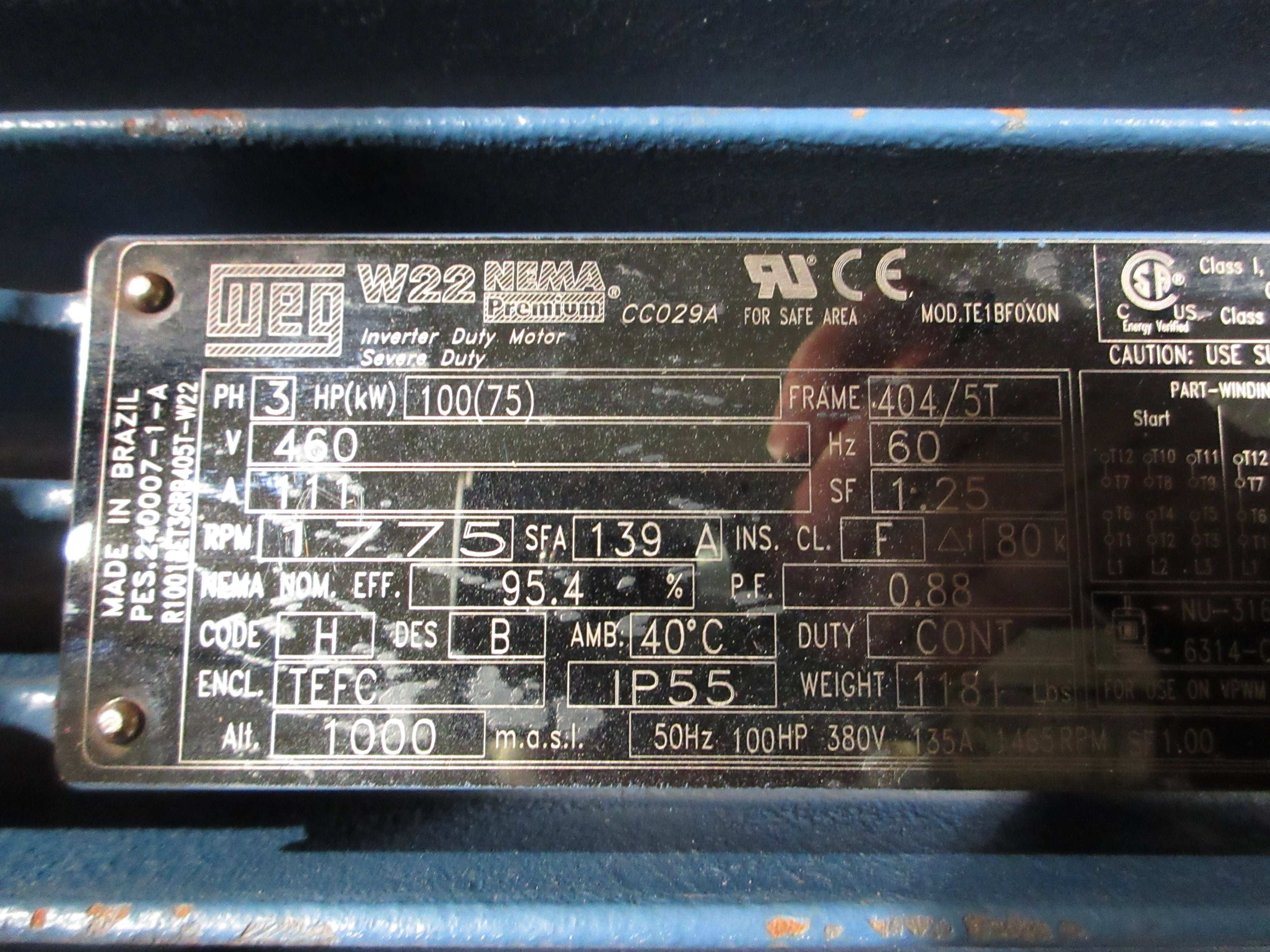 WEG Motor R10018ET3GRB405T-W22 100HP 1800RPM 460V 111A 3Ph 60Hz New Surplus