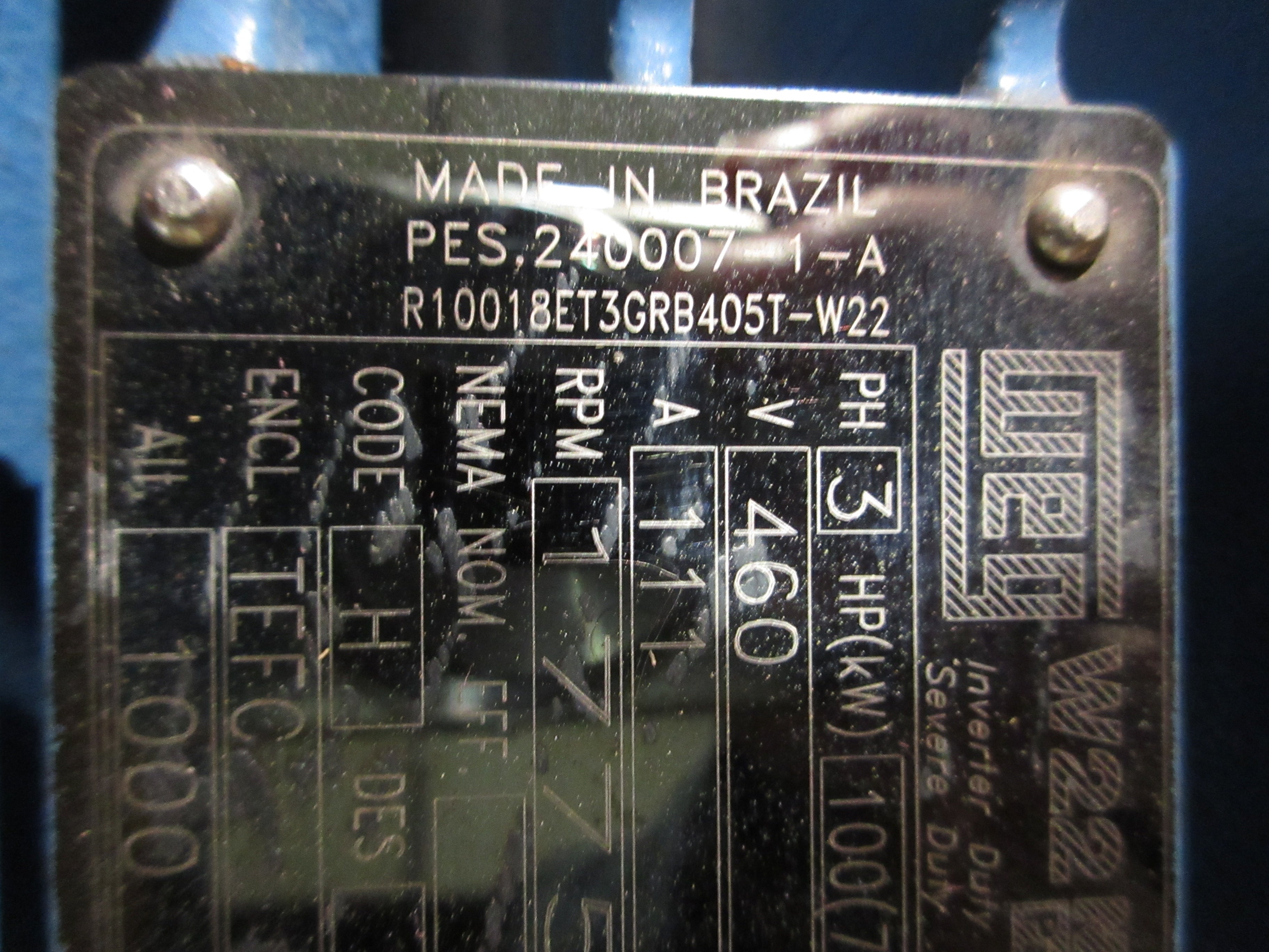 WEG Motor R10018ET3GRB405T-W22 100HP 1800RPM 460V 111A 3Ph 60Hz New Surplus