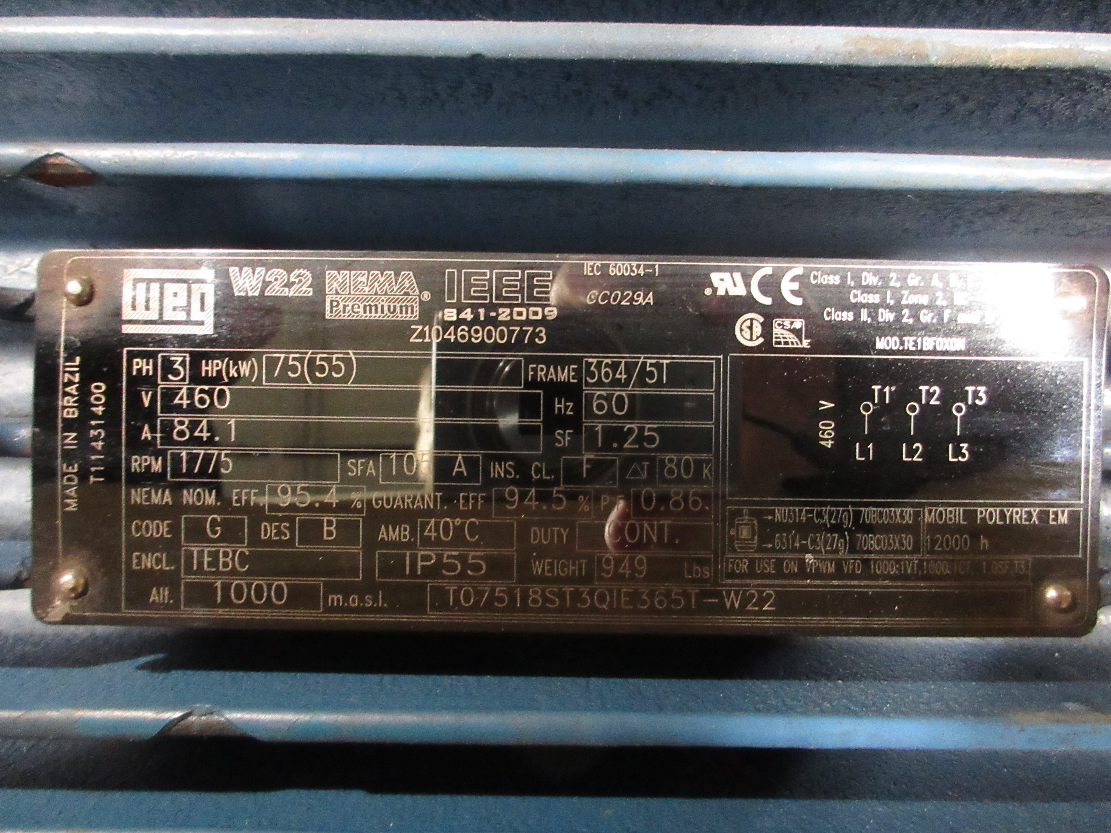 WEG Motor T07518ST3QIE365T-W22 75HP 1800RPM 460V 84.1A 3Ph 60Hz New Surplus