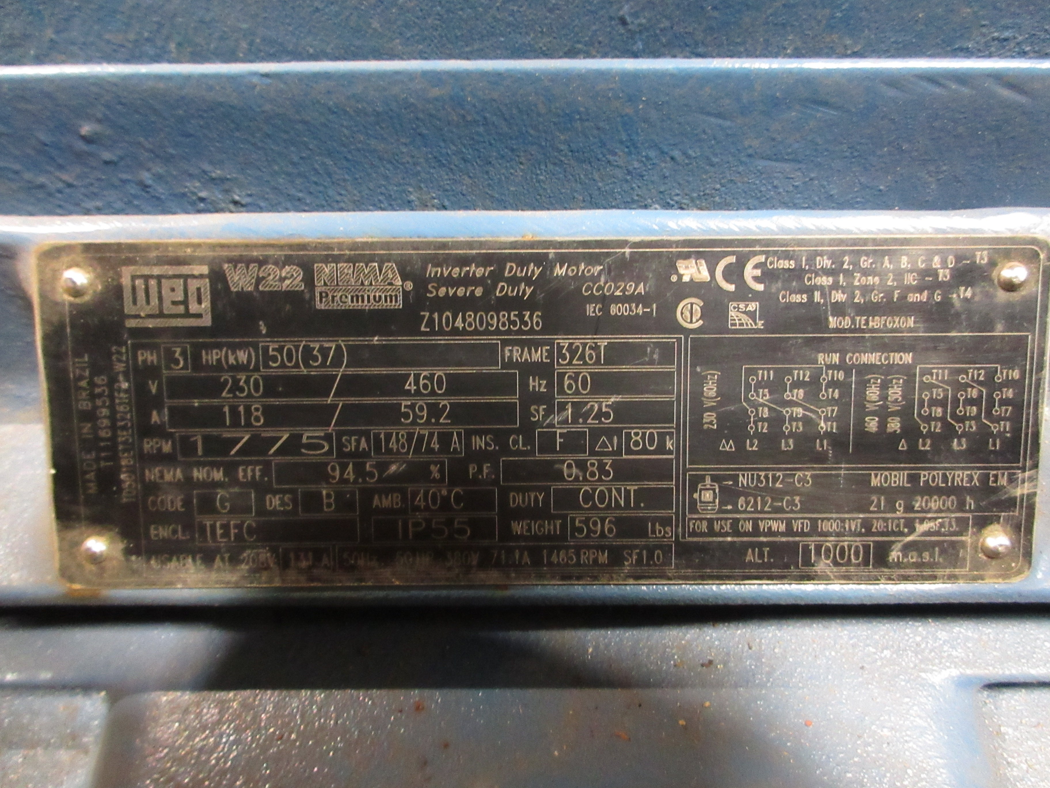 WEG Motor T05018ET3E326TF2-W22 50HP 1800RPM 230/460V 118/59.2A 3Ph New Surplus