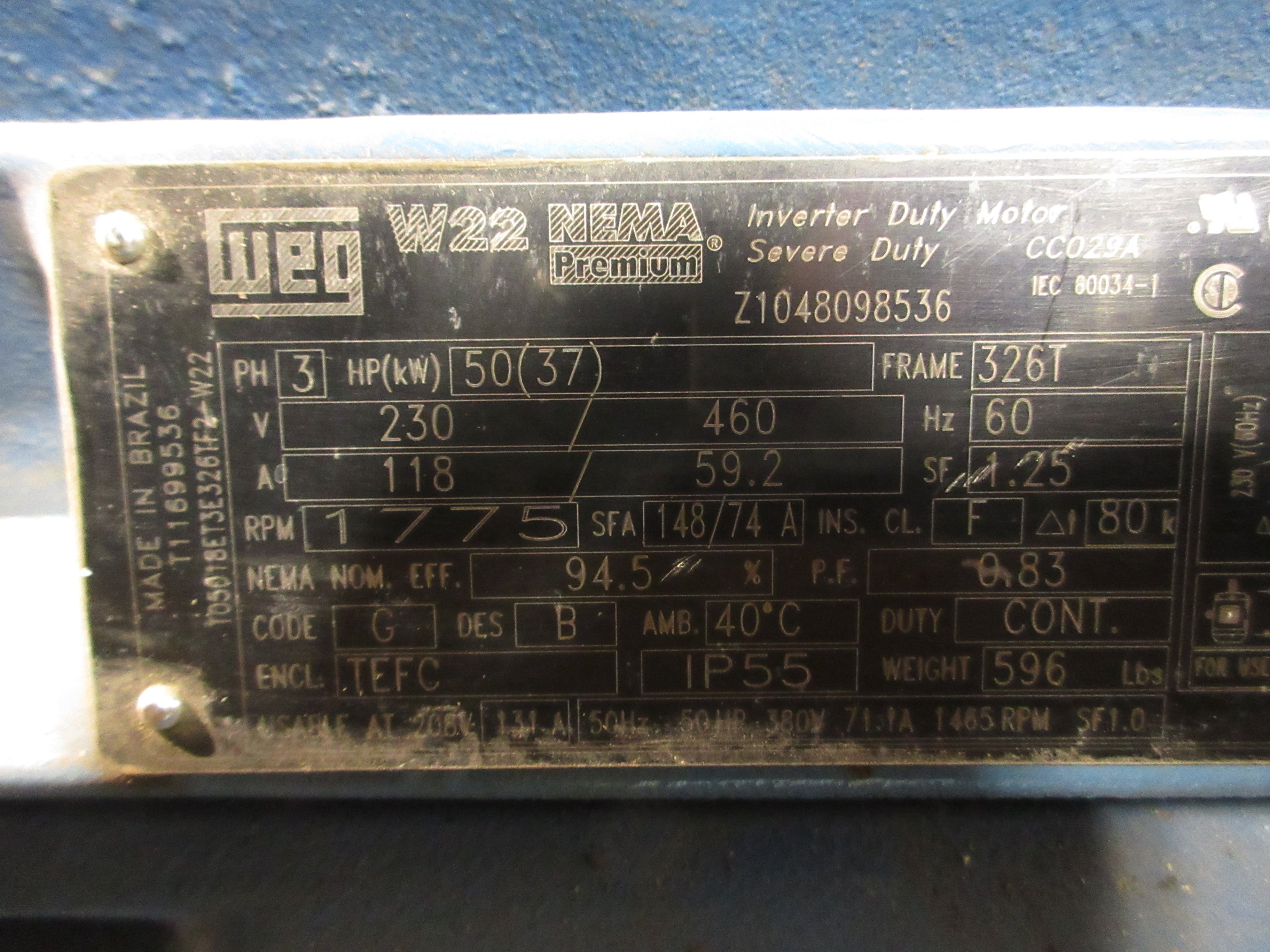 WEG Motor T05018ET3E326TF2-W22 50HP 1800RPM 230/460V 118/59.2A 3Ph New Surplus
