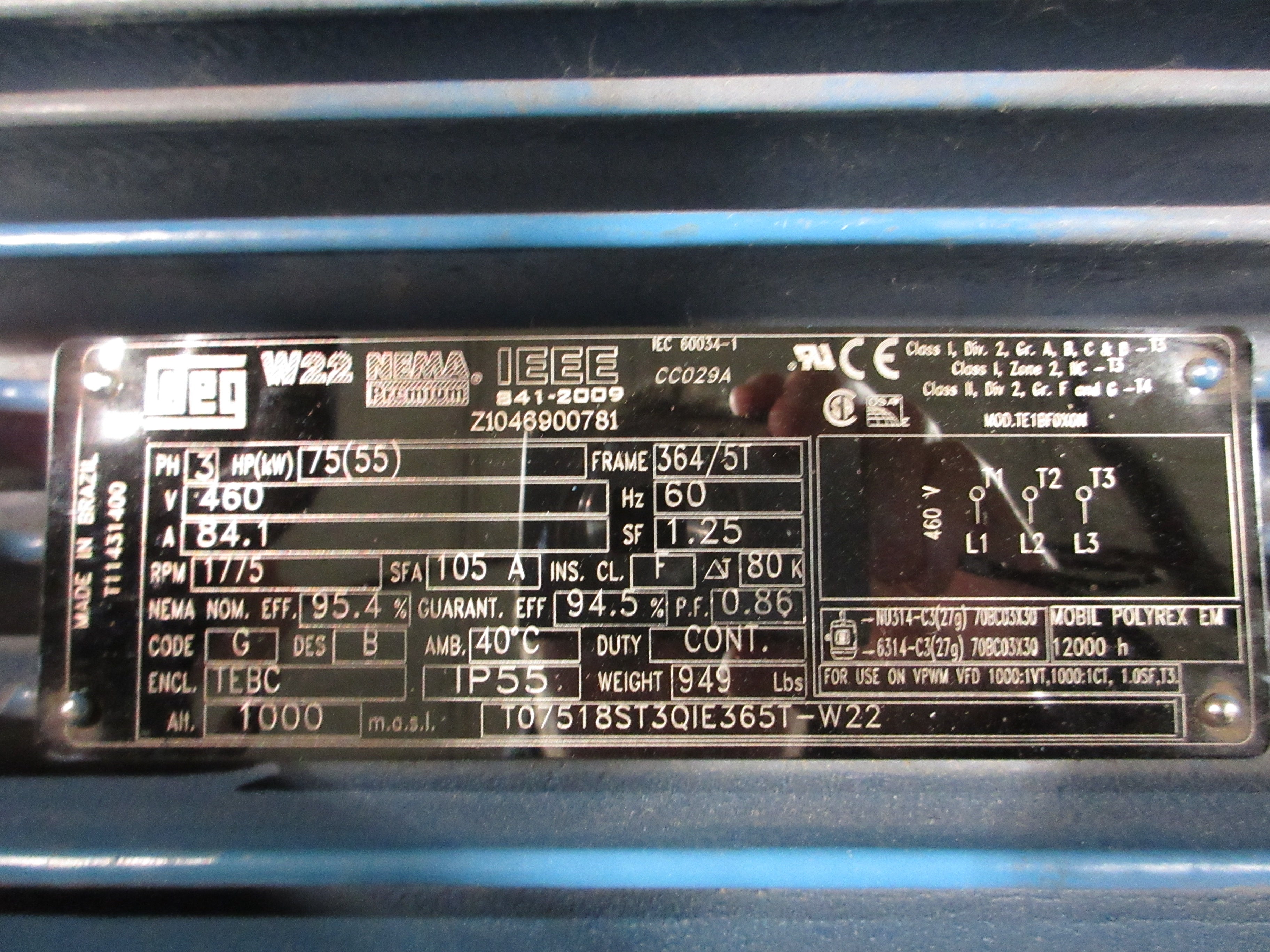 WEG Motor T07518ST3QIE365T-W22 75HP 1800RPM 460V 84.1A 3Ph 60Hz New Surplus