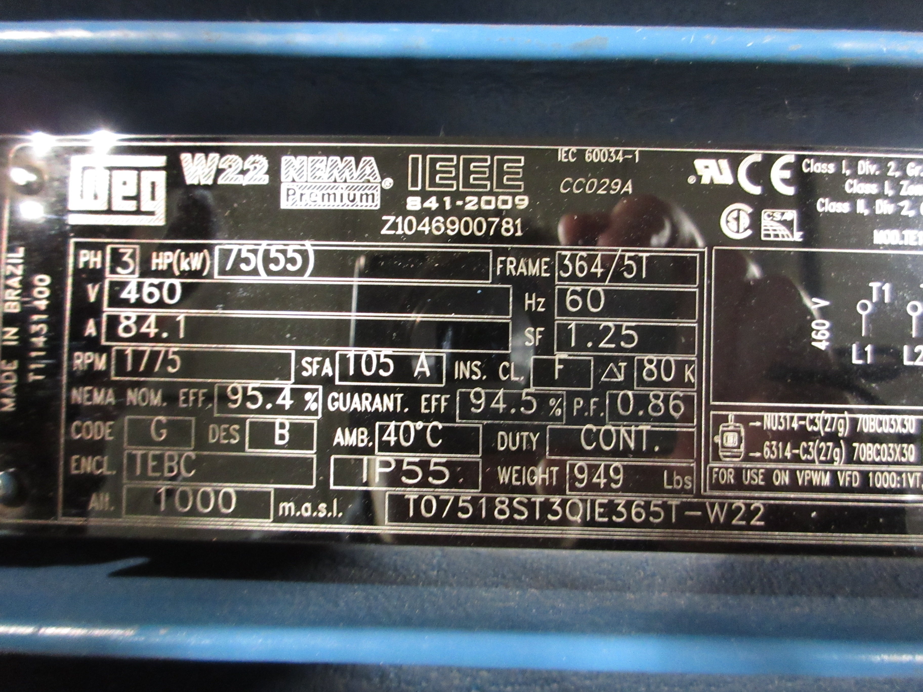 WEG Motor T07518ST3QIE365T-W22 75HP 1800RPM 460V 84.1A 3Ph 60Hz New Surplus