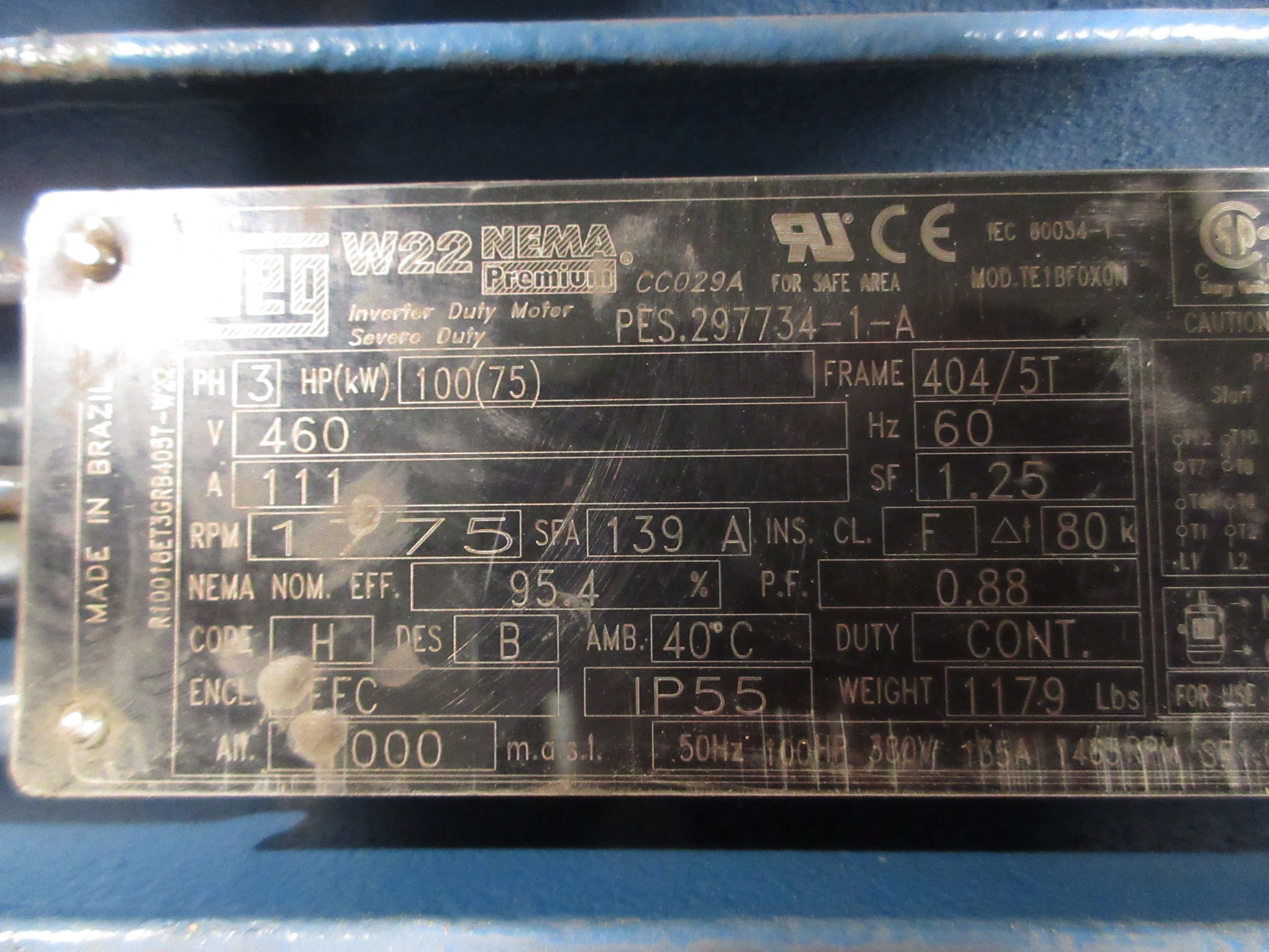 WEG Motor R10018ET3GRB405T-W22 100HP 1800RPM 460V 111A 3Ph 60Hz New Surplus