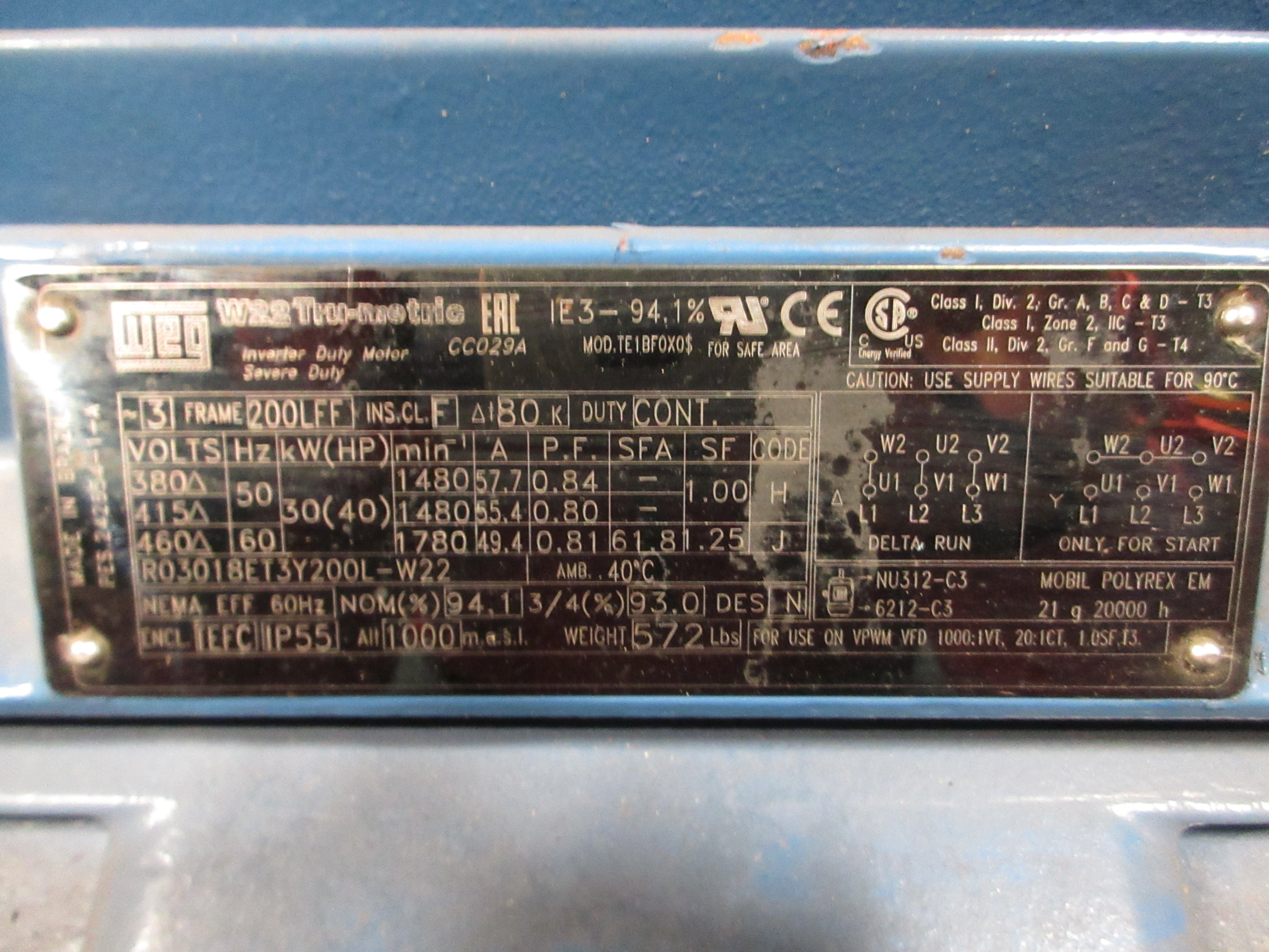 WEG Motor R03018ET3Y200L-W22 40HP 1800RPM 460V 49.4A 3Ph 60Hz New Surplus
