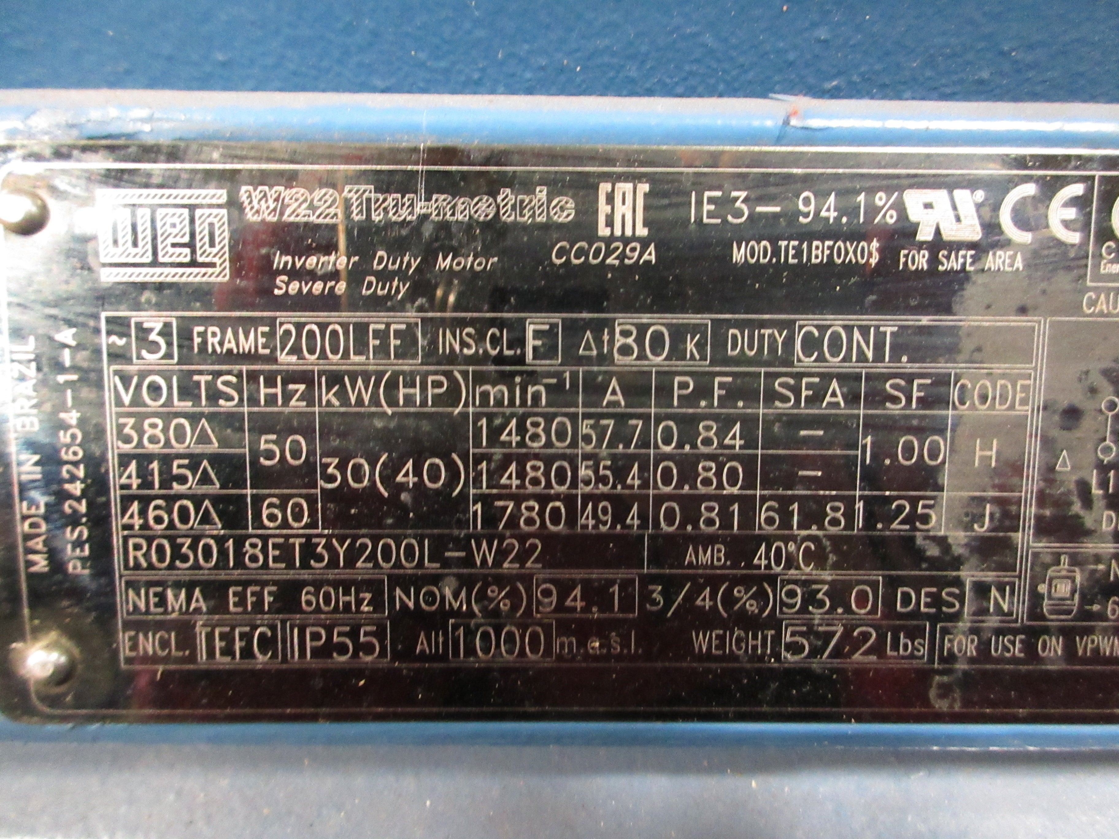 WEG Motor R03018ET3Y200L-W22 40HP 1800RPM 460V 49.4A 3Ph 60Hz New Surplus