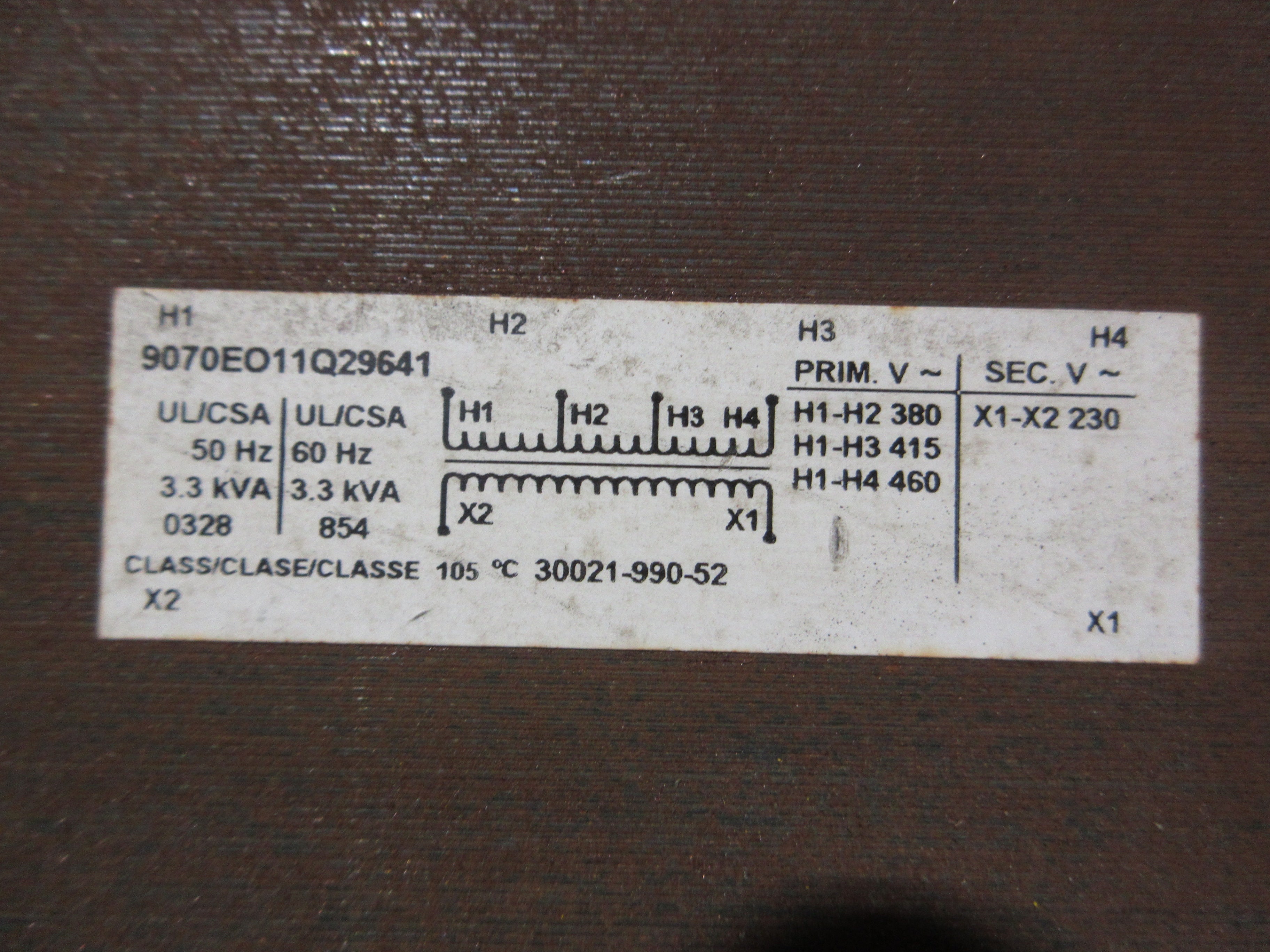 Square D Transformer 9070EO11Q29641 3.3kVA Pri: 380/415/460V Sec: 230V Used