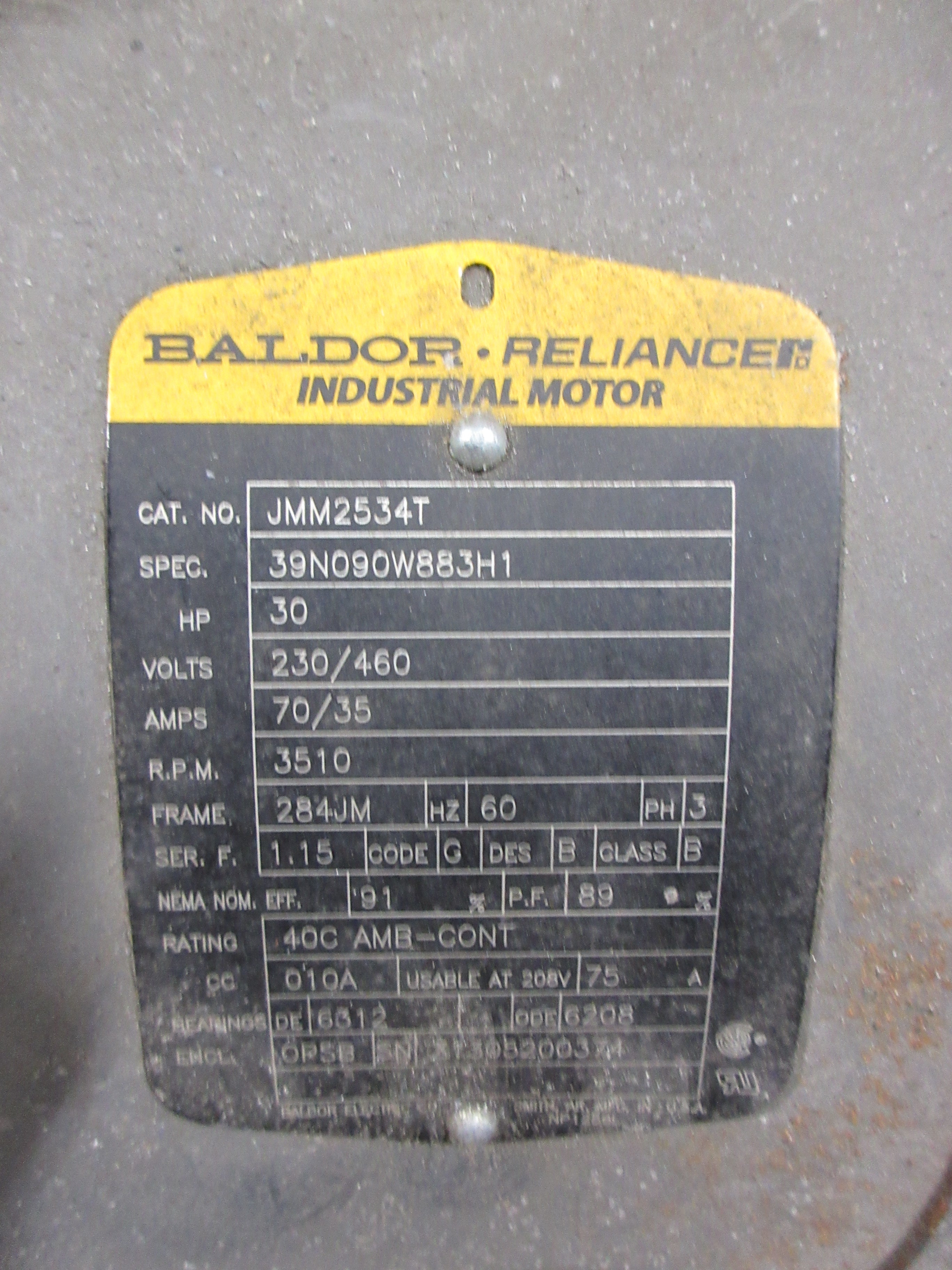 Baldor Motor JMM2534T 30HP 3600RPM 230/460V 70/35A 3Ph 60Hz Used