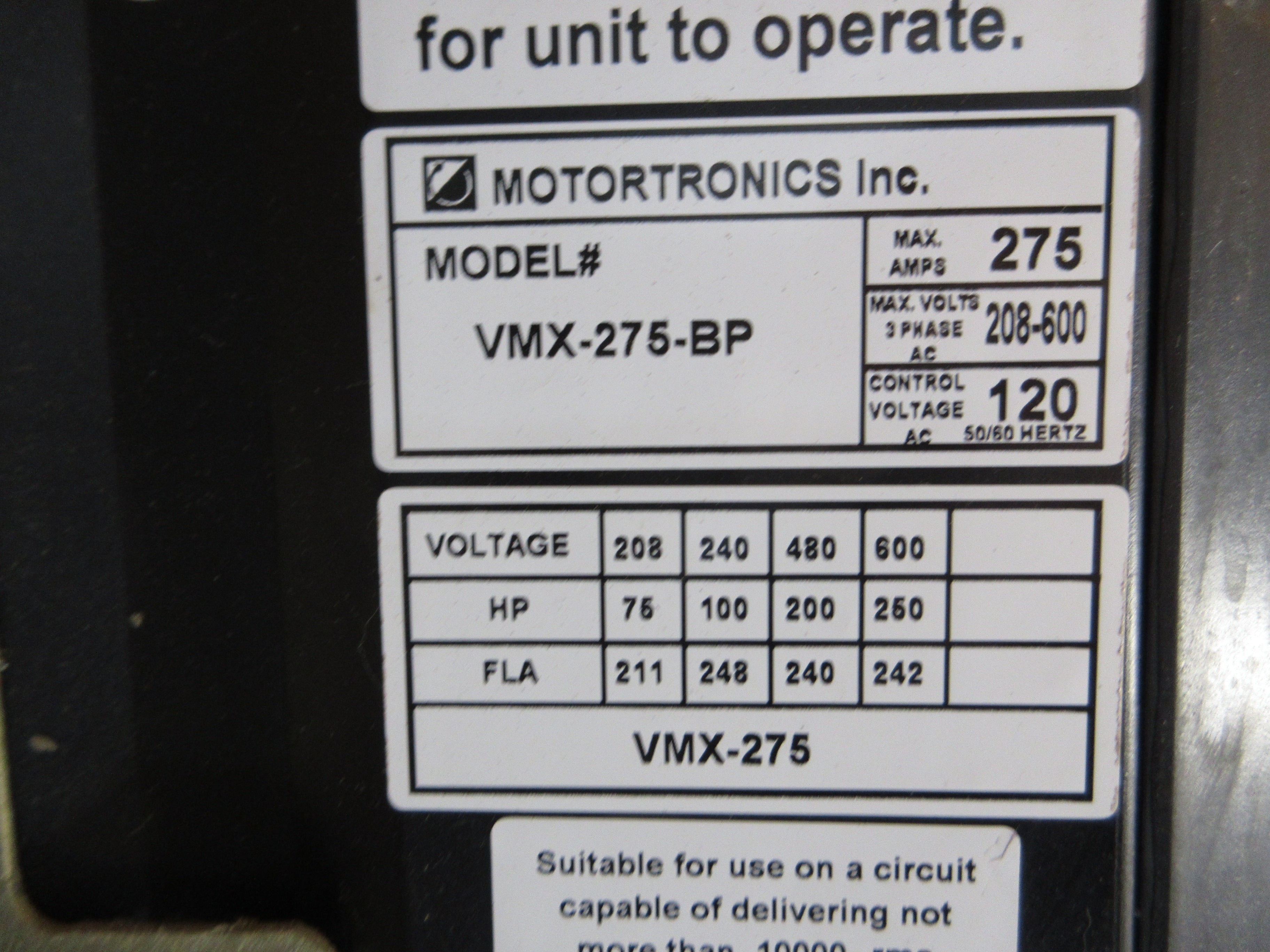 Motortronics VMX Series Soft Start VMX-275-BP 250HP 208-600V Used