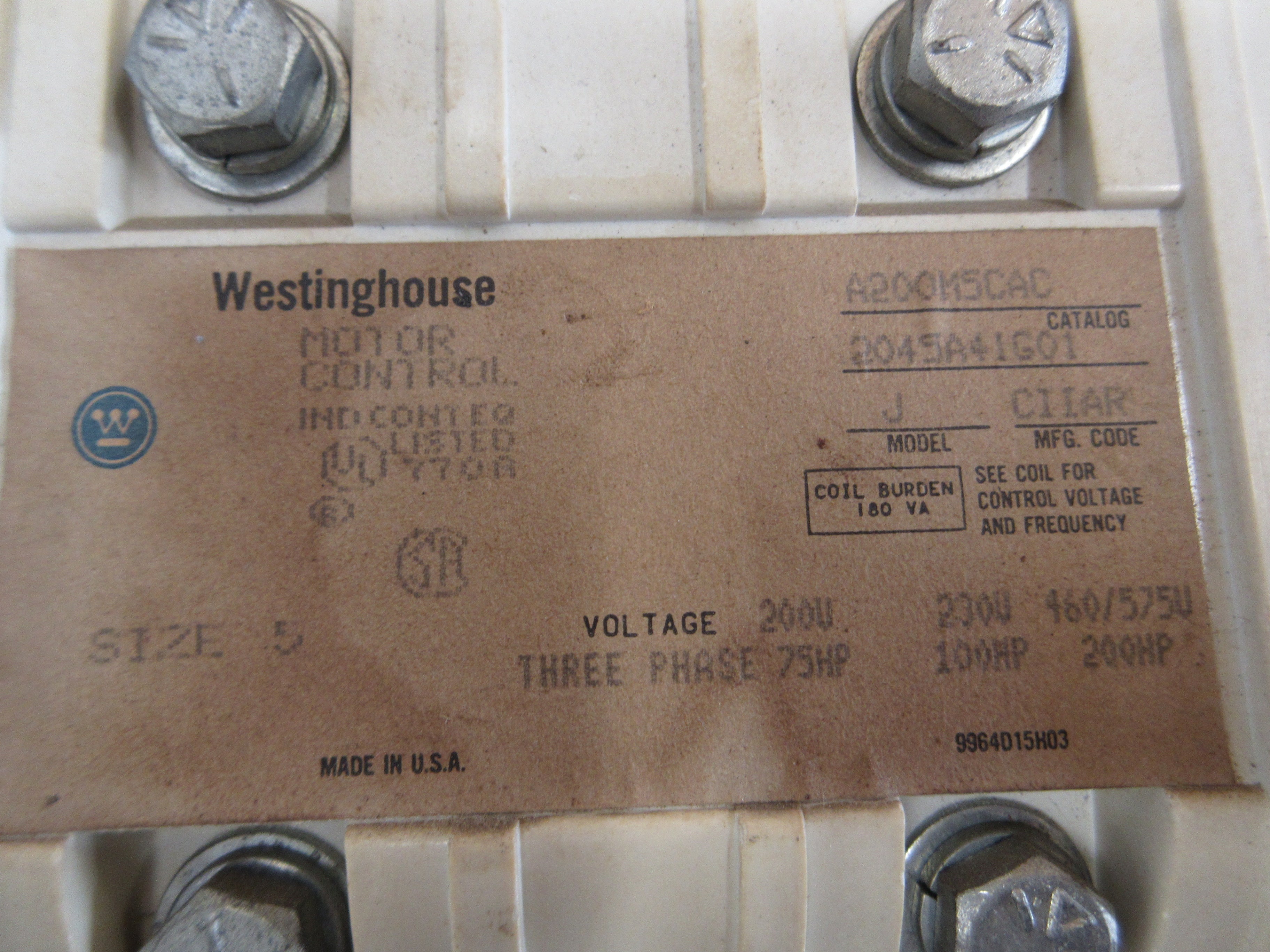Westinghouse Size 5 Starter A200M5CAC 600V 3Ph 200HP Used