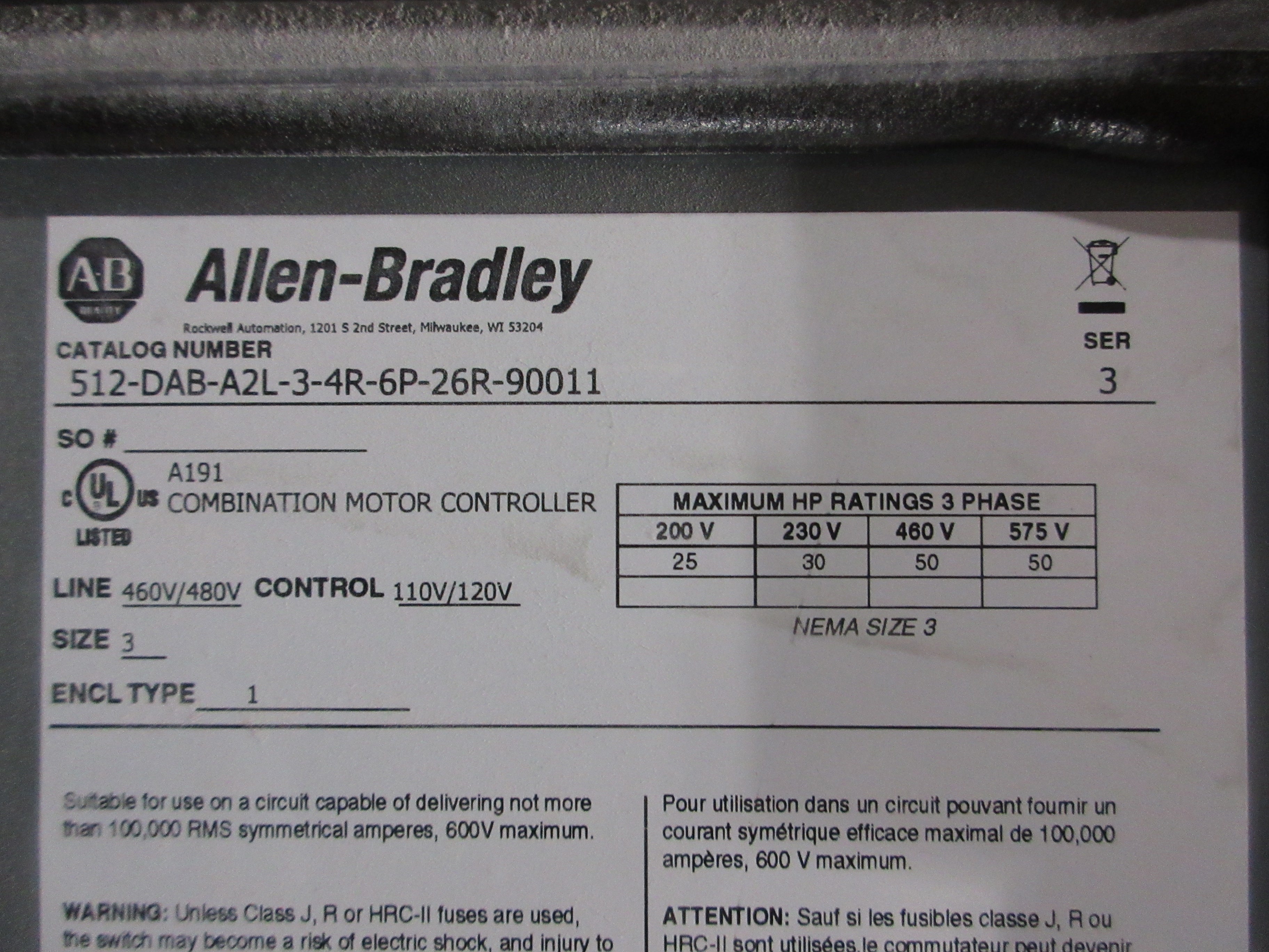 Allen-Bradley Fusible Size 3 Combination 512-DAB-A2L-3-4R-6P-26R-90011 120V Coil