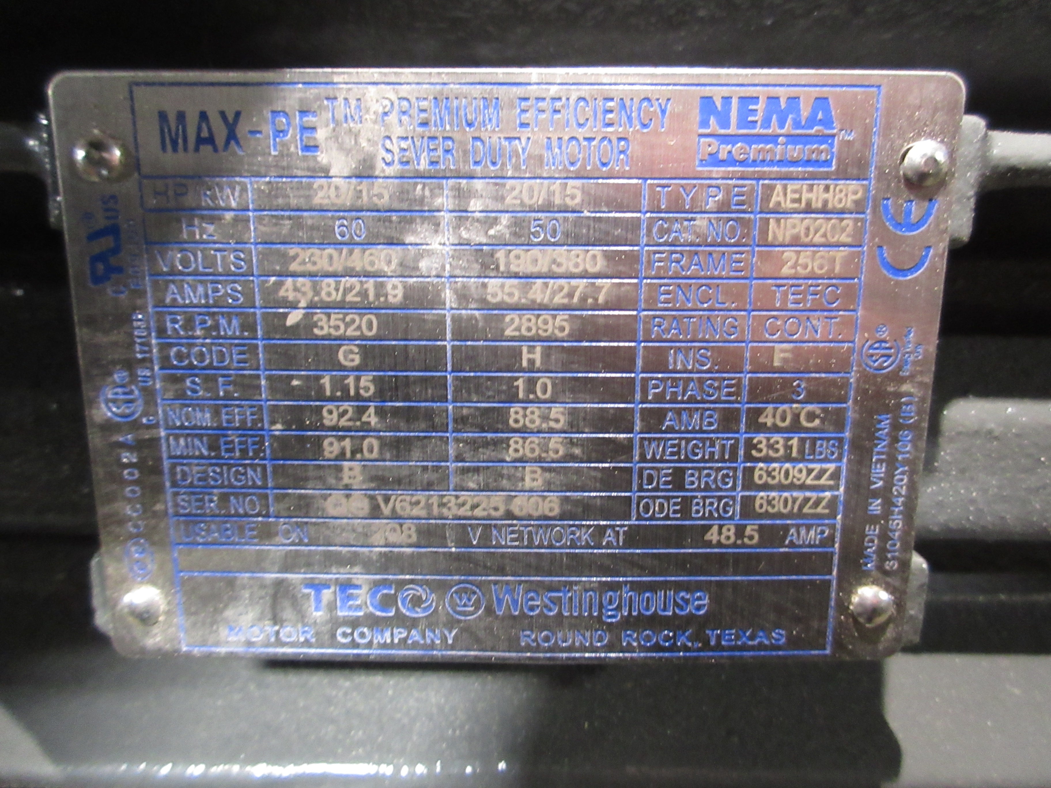 Teco Motor NP0202 20HP 3600RPM 230/460V 43.8/21.9A 3Ph 60Hz New Surplus