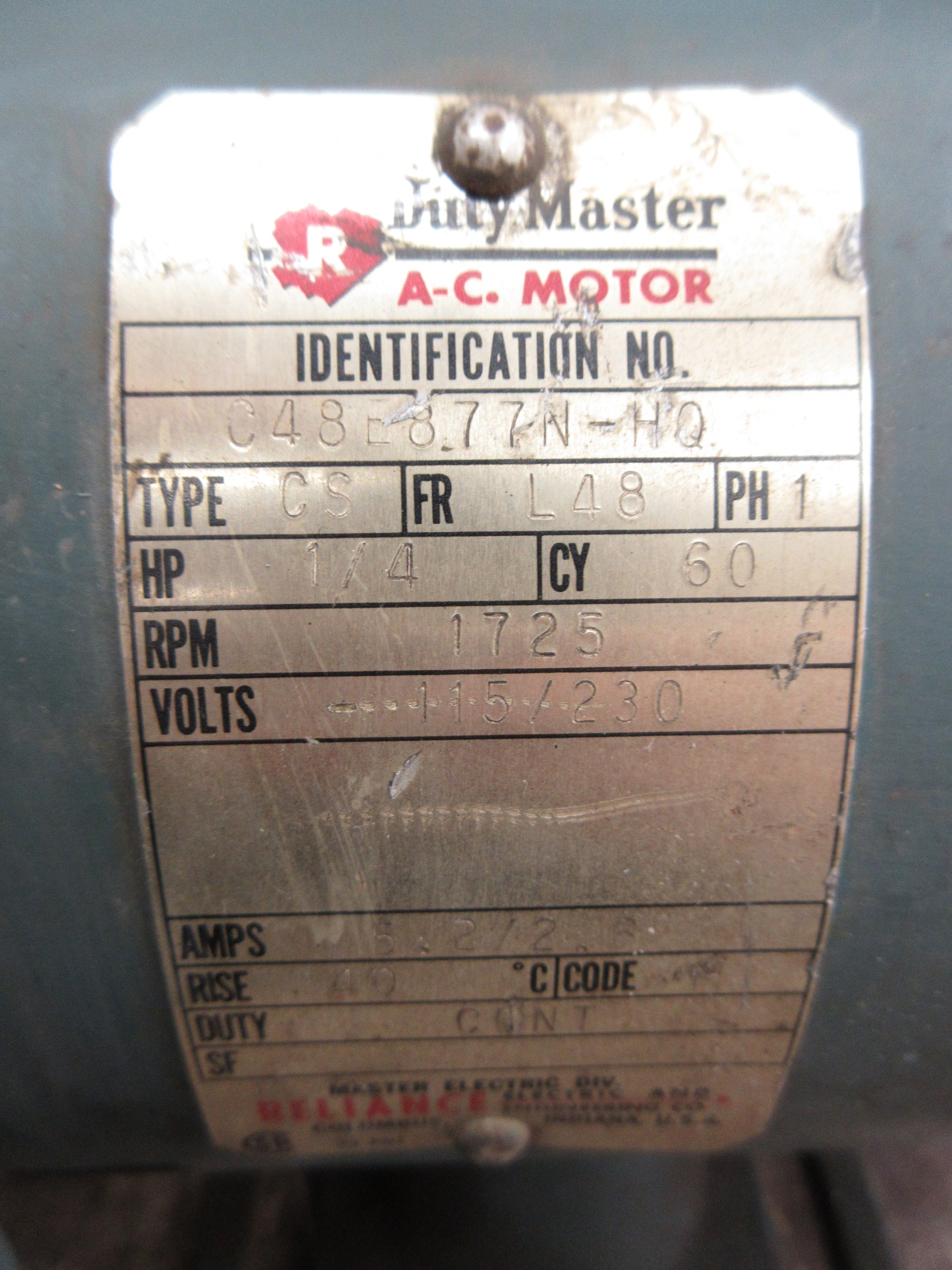 Duty Master AC Motor w/ Brake C48E8.77N-HQ 1/4HP 1800RPM 115/230V 5.2/2.6A 60Hz