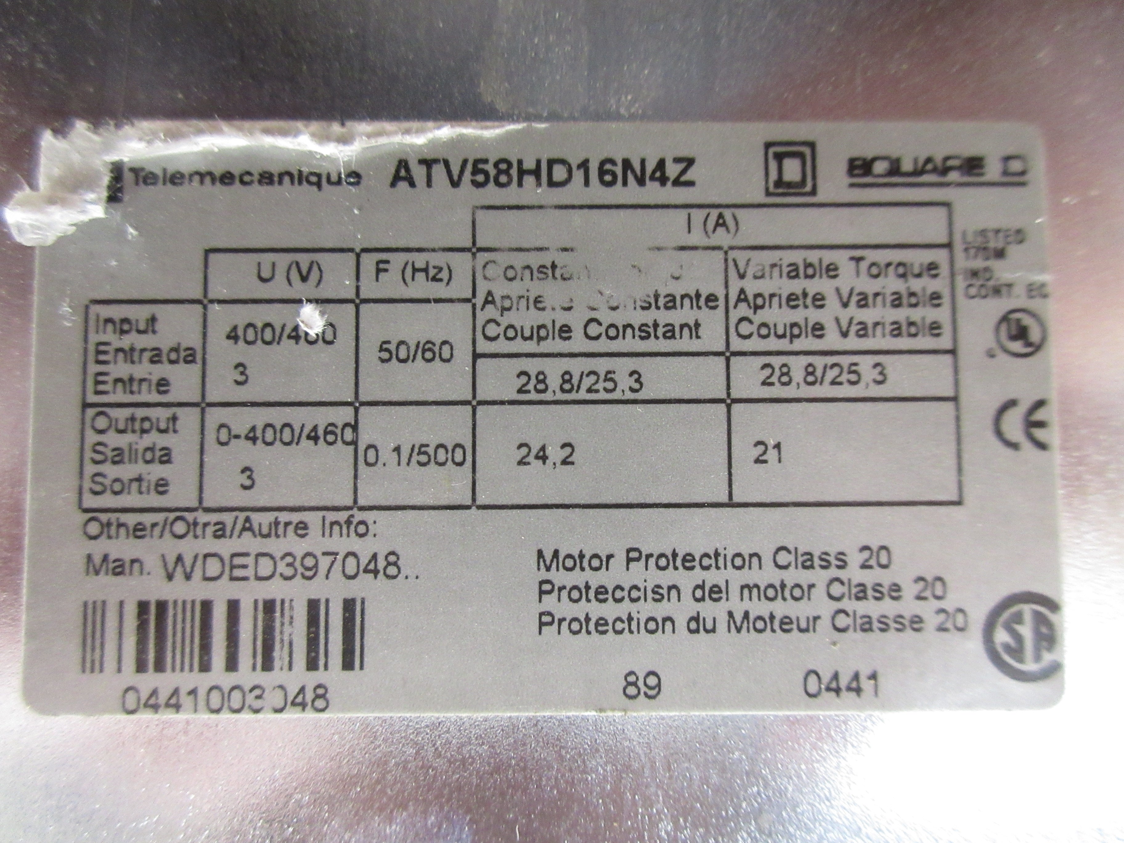Square D Altivar 58 AC Drive ATV58HD16N4Z 15HP *No Keypad* Used
