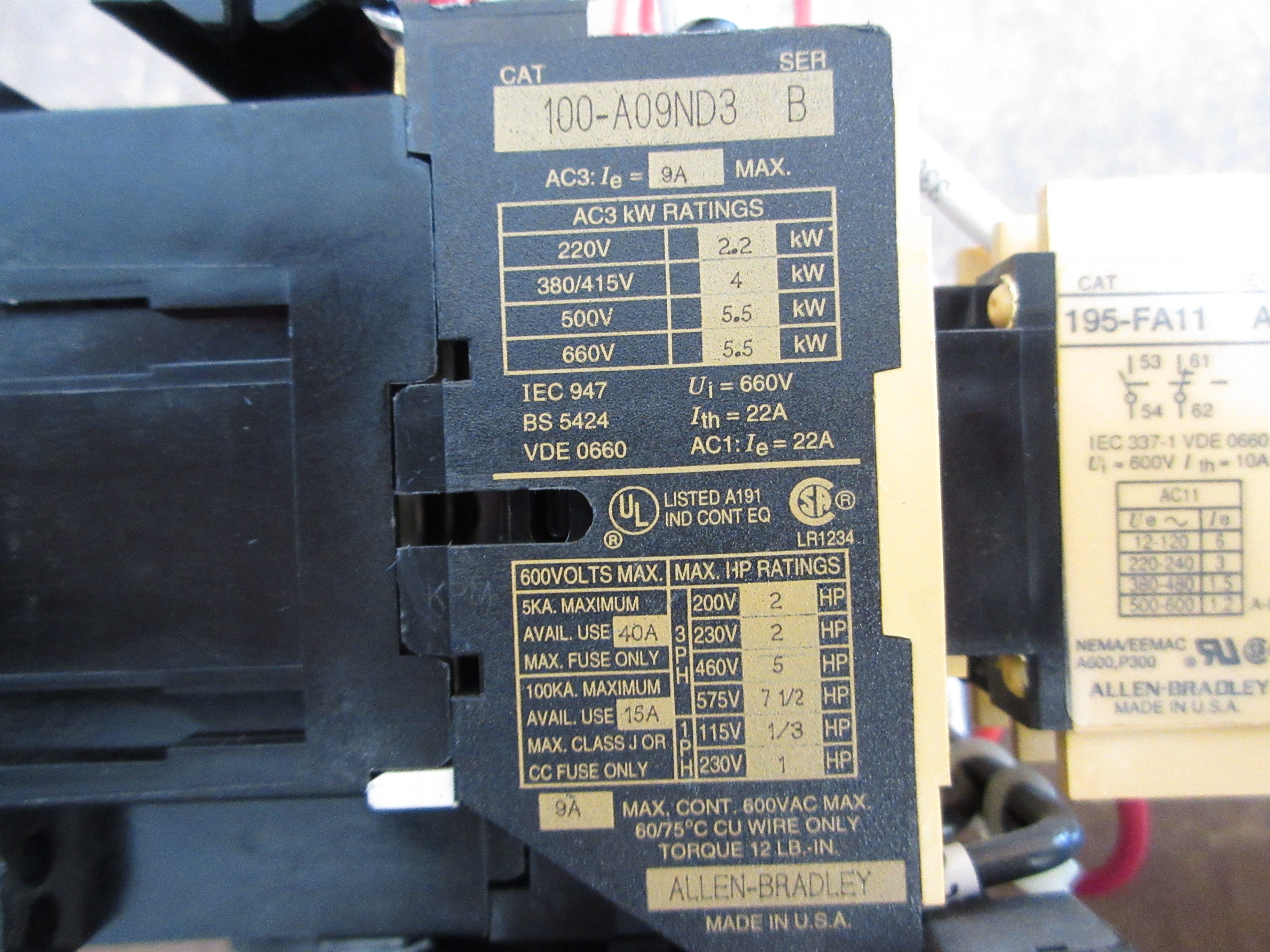 Allen-Bradley Reversing Starter 100-A09ND3 / 193-A2F1 120V Coil Trip: 3.7-12A