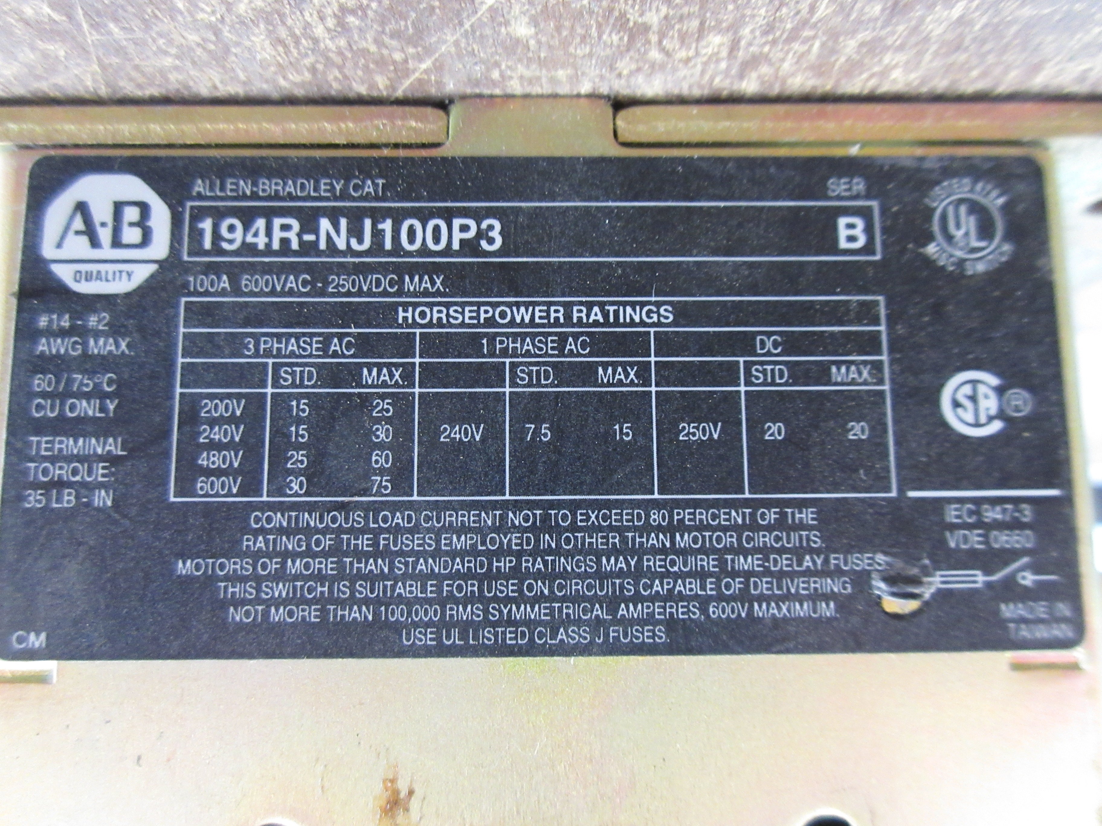 Allen-Bradley Fusible Disconnect Switch 194R-NJ100P3 Ser. B 100A 600V 3P Used