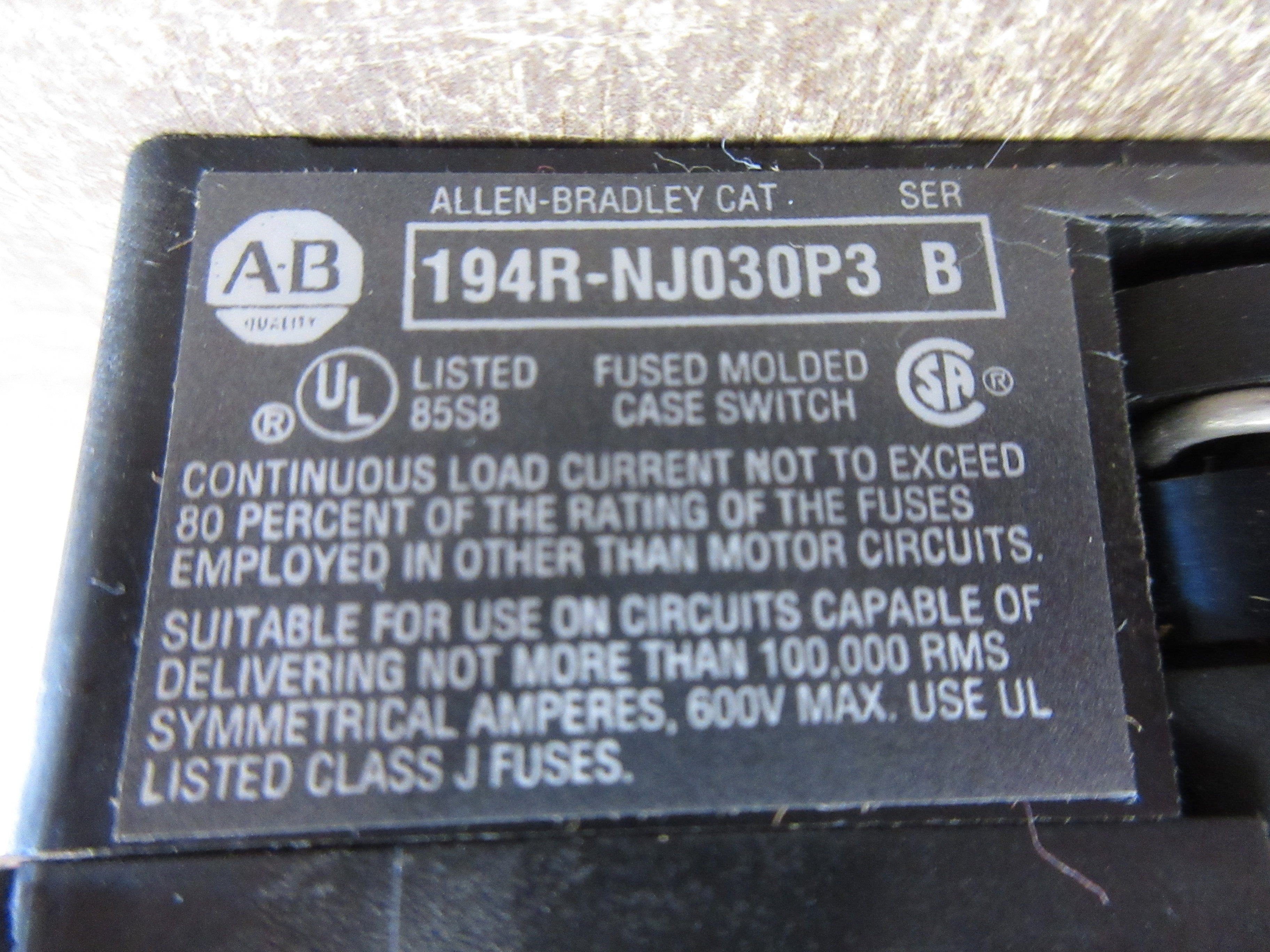 Allen-Bradley Fusible Disconnect Switch 194R-NJ030P3 Ser. B 30A 600V 3P Used